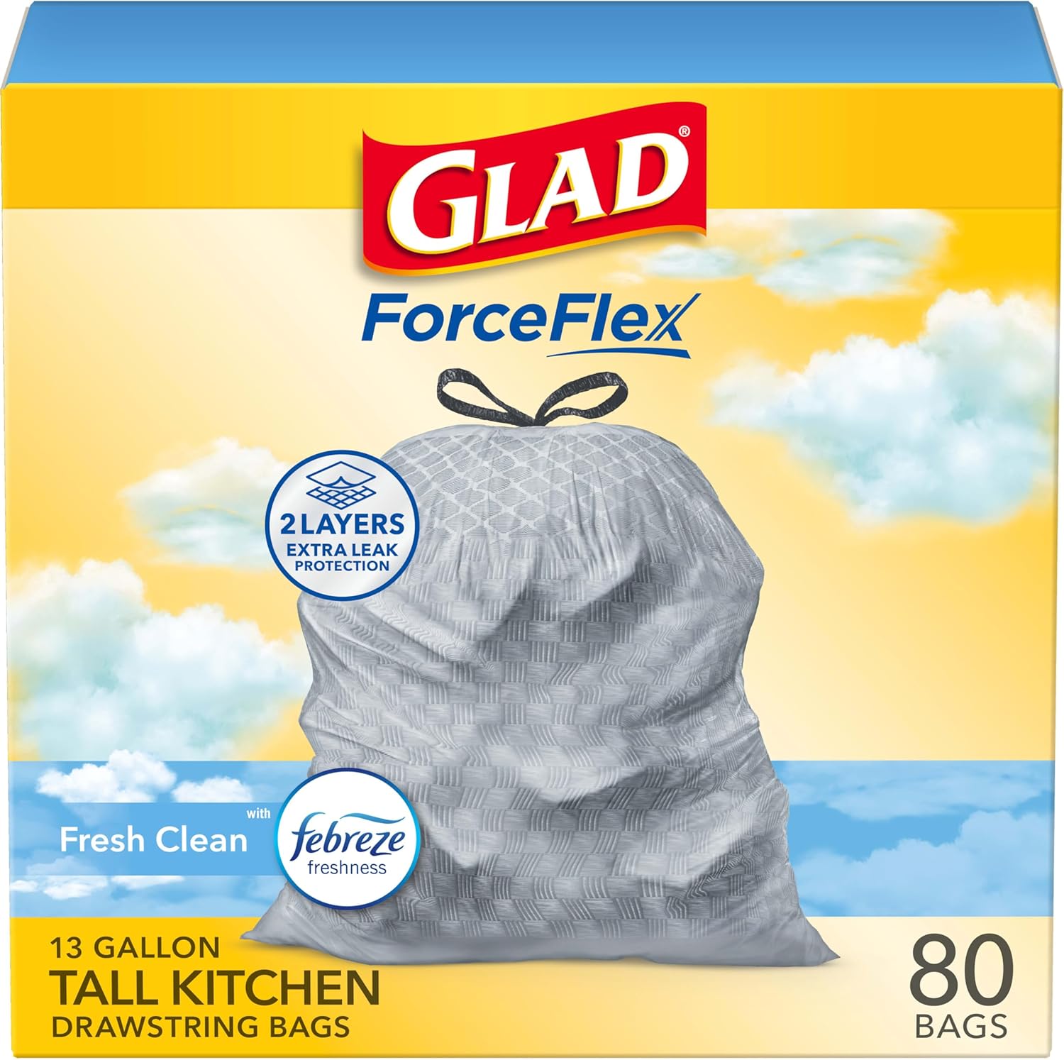 Glad ForceFlex Tall Kitchen Drawstring Trash Bags, 13 Gal, Gain Lemon Zest, 40 Ct (Package May Vary)