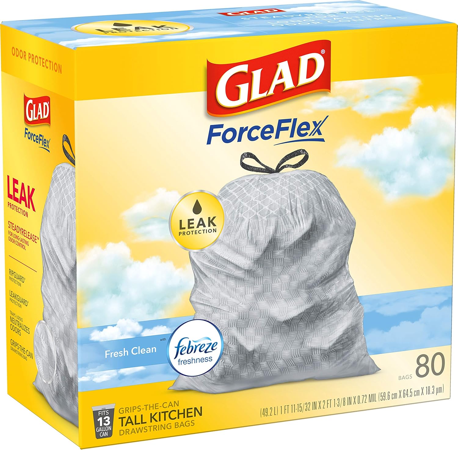 Glad ForceFlex Tall Kitchen Drawstring Trash Bags, 13 Gal, Gain Lemon Zest, 40 Ct (Package May Vary)
