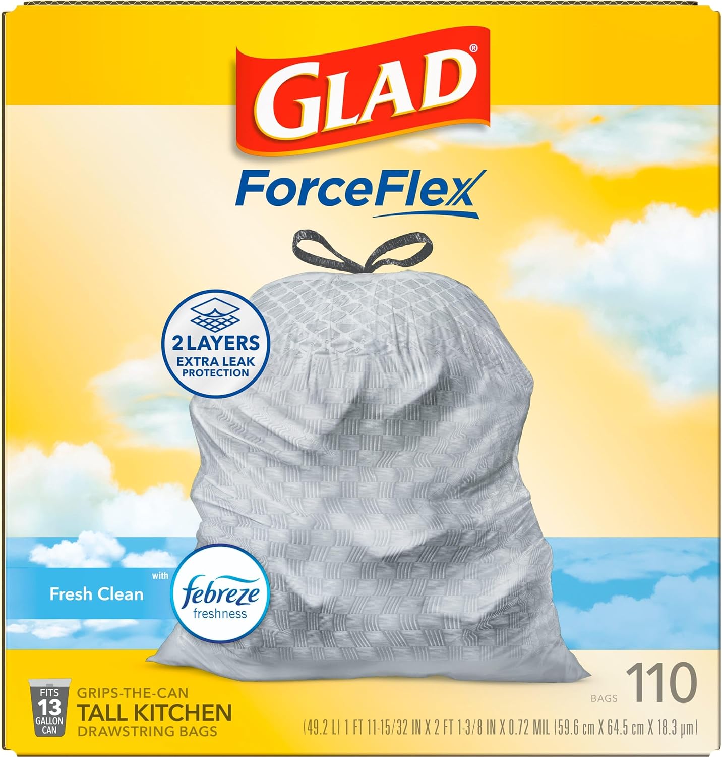 Glad ForceFlex Tall Kitchen Drawstring Trash Bags, 13 Gal, Gain Lemon Zest, 40 Ct (Package May Vary)