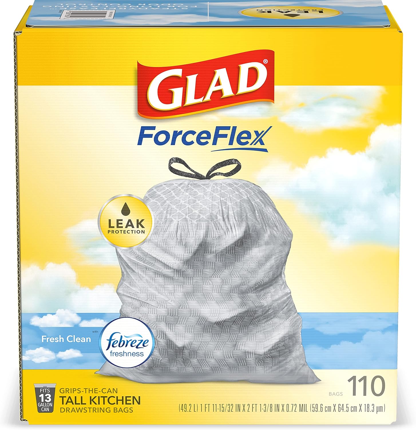 Glad ForceFlex Tall Kitchen Drawstring Trash Bags, 13 Gal, Gain Lemon Zest, 40 Ct (Package May Vary)