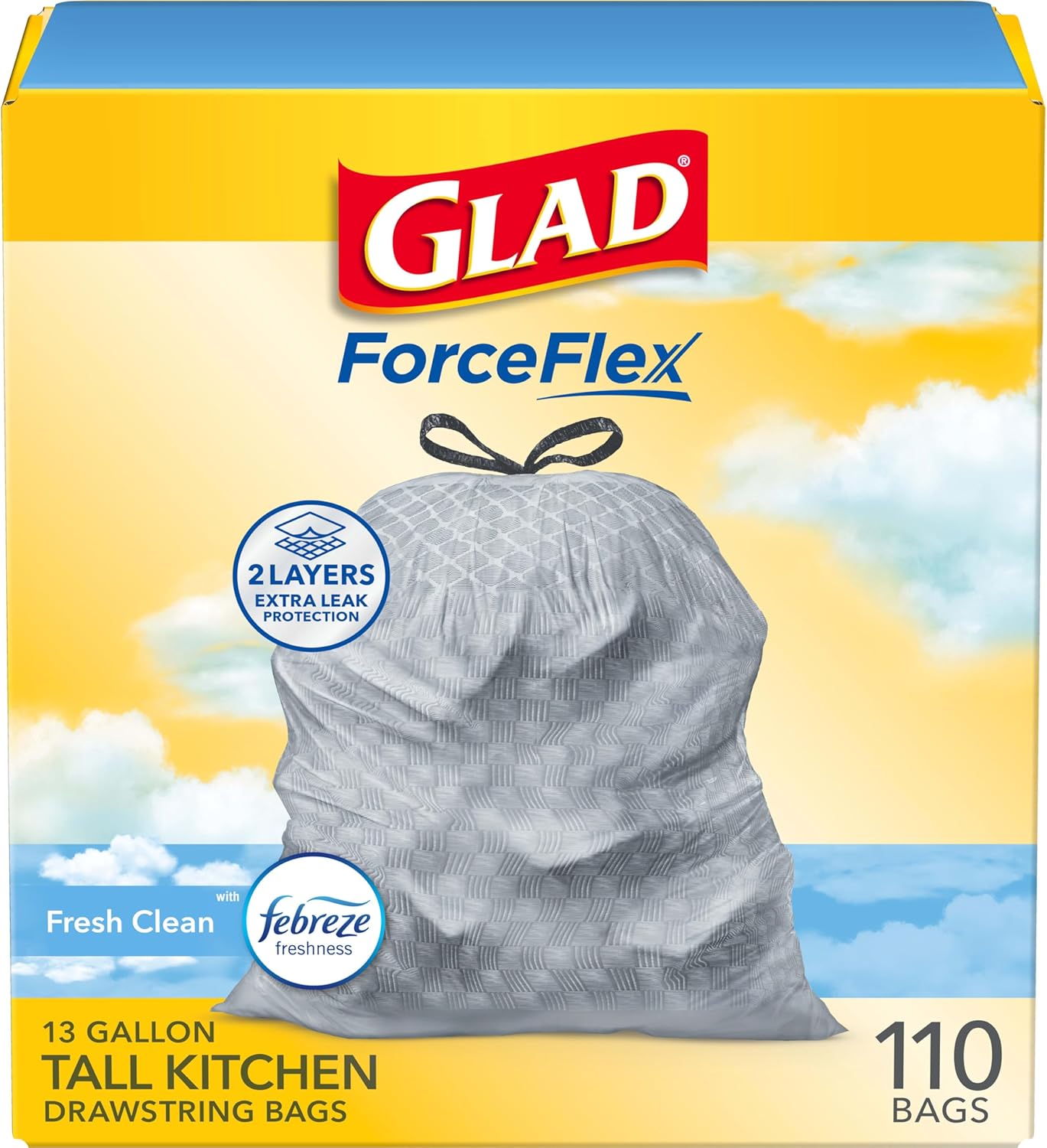 Glad ForceFlex Tall Kitchen Drawstring Trash Bags, 13 Gal, Gain Lemon Zest, 40 Ct (Package May Vary)
