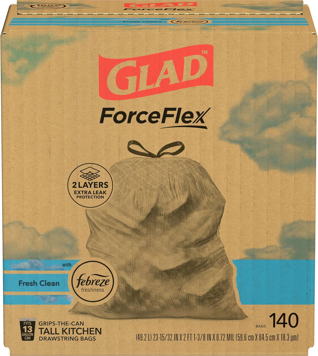 Glad ForceFlex Tall Kitchen Drawstring Trash Bags, 13 Gal, Gain Lemon Zest, 40 Ct (Package May Vary)