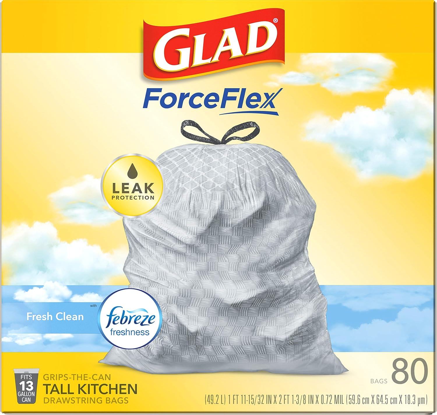 Glad ForceFlex Tall Kitchen Drawstring Trash Bags, 13 Gal, Gain Lemon Zest, 40 Ct (Package May Vary)