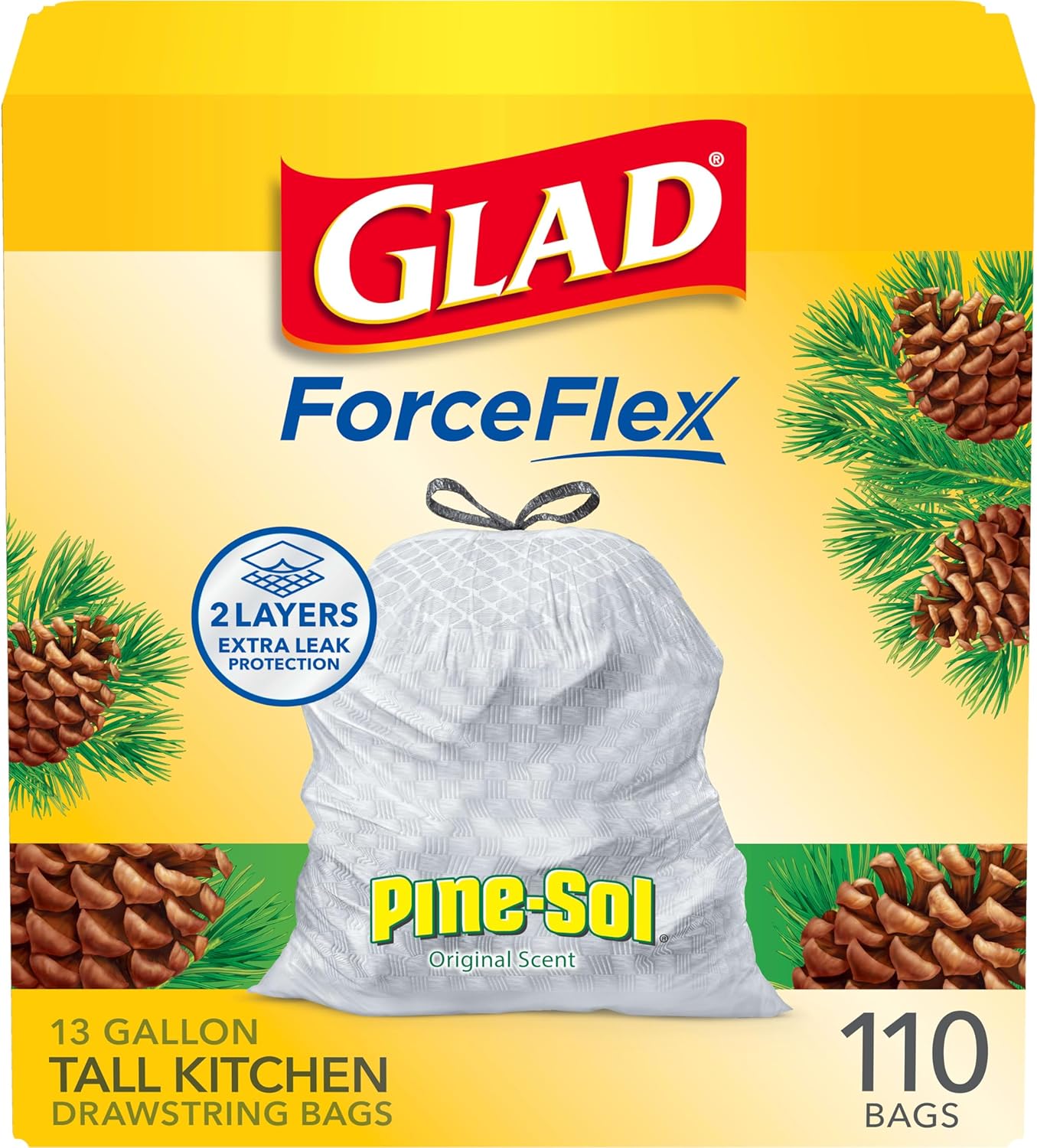 Glad ForceFlex Tall Kitchen Drawstring Trash Bags, 13 Gal, Gain Lemon Zest, 40 Ct (Package May Vary)