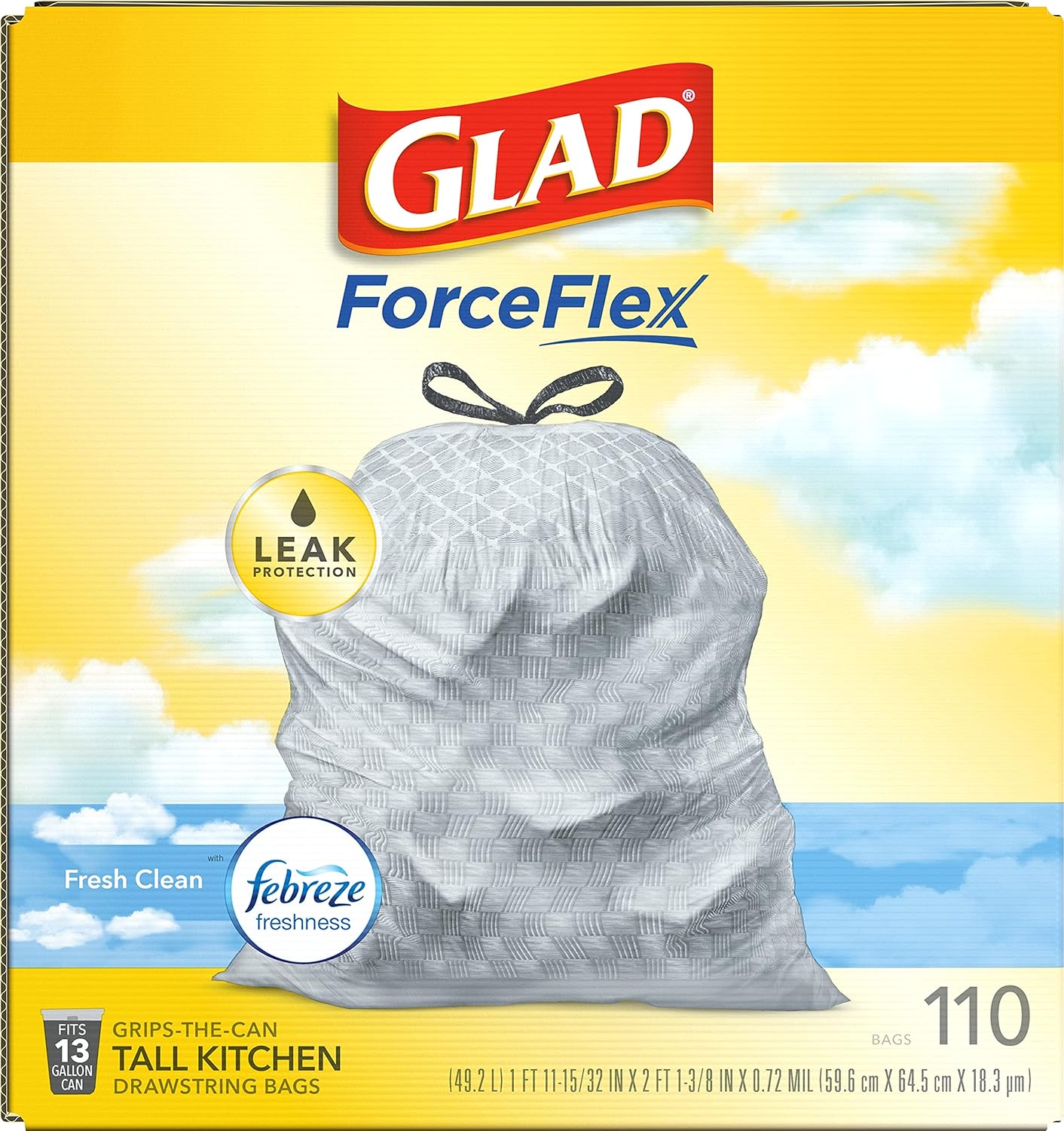 Glad ForceFlex Tall Kitchen Drawstring Trash Bags, 13 Gal, Gain Lemon Zest, 40 Ct (Package May Vary)