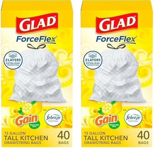 Glad ForceFlex Tall Kitchen Drawstring Trash Bags, 13 Gal, Gain Lemon Zest, 40 Ct (Package May Vary)