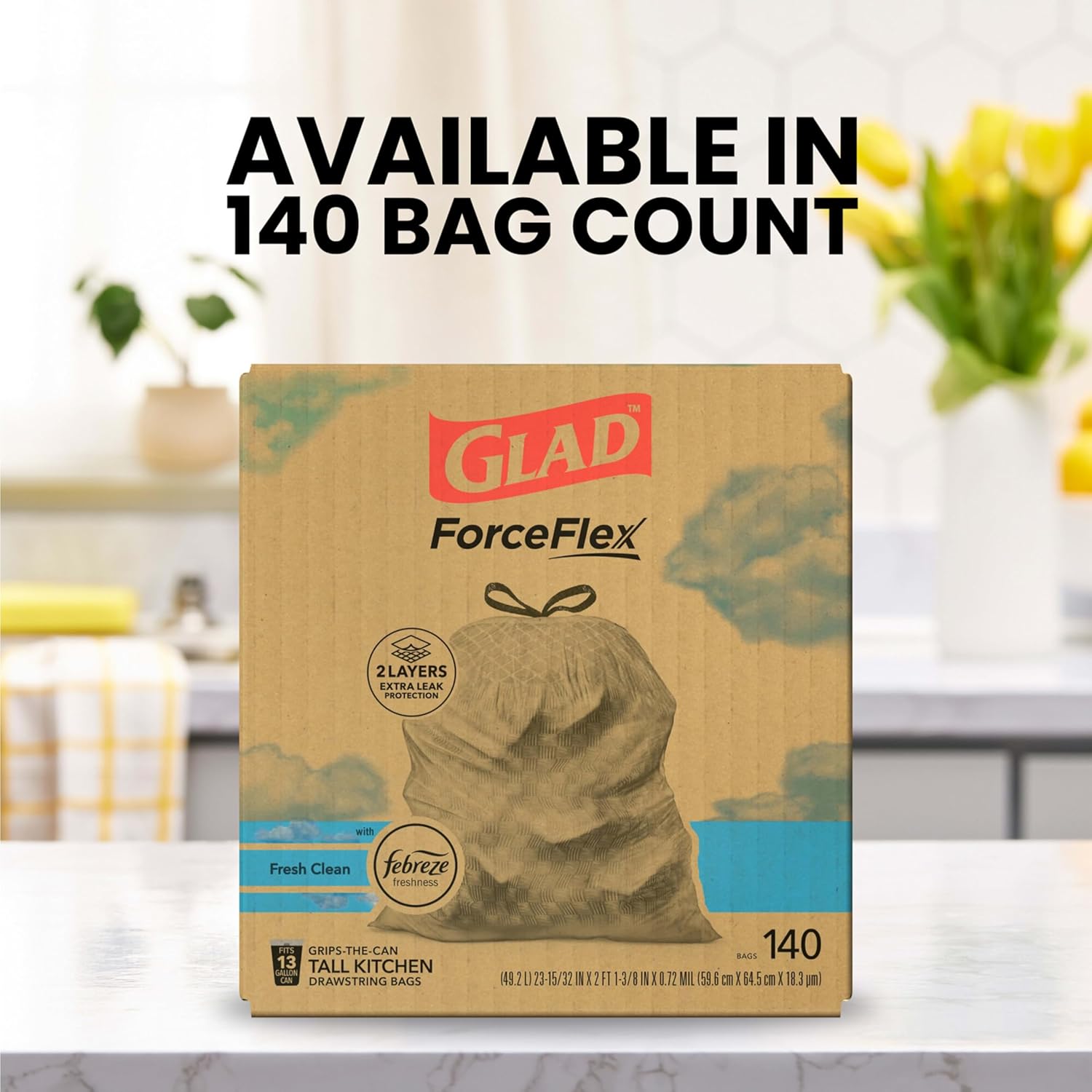 Glad ForceFlex Tall Kitchen Drawstring Trash Bags, 13 Gal, Gain Lemon Zest, 40 Ct (Package May Vary)