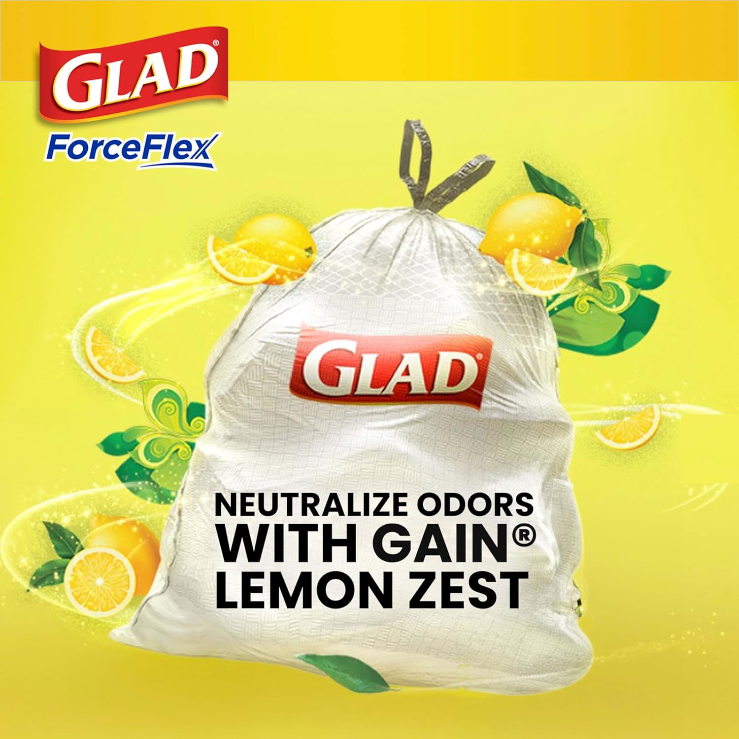 Glad ForceFlex Tall Kitchen Drawstring Trash Bags, 13 Gal, Gain Lemon Zest, 40 Ct (Package May Vary)