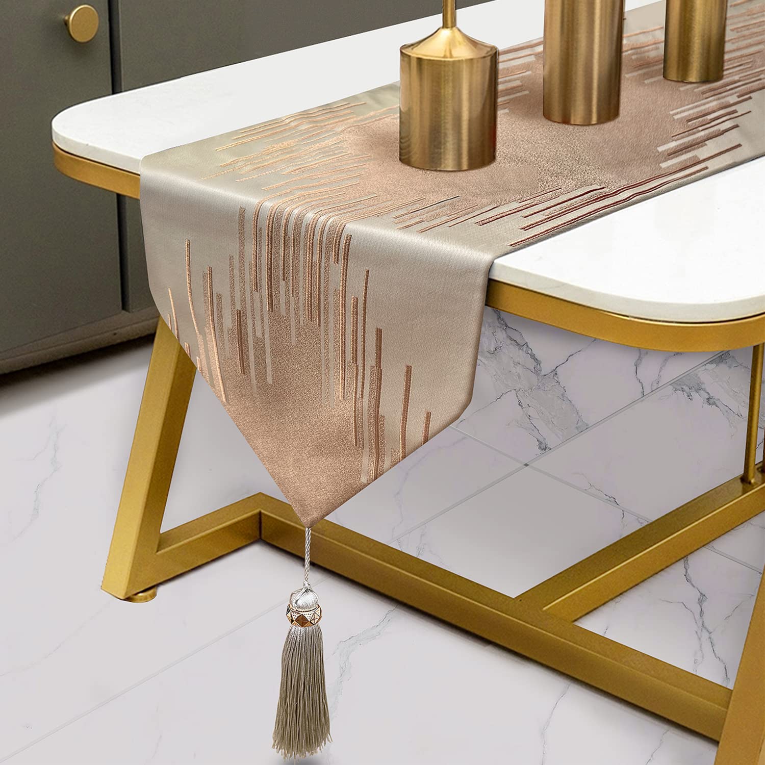Glam Champagne Table Runner 13 x 98 Inches Long Double Layer Abstract Pattern with Luxury Tassel for Coffee Sofa Dresser Dining Table Fireplace Home Decor