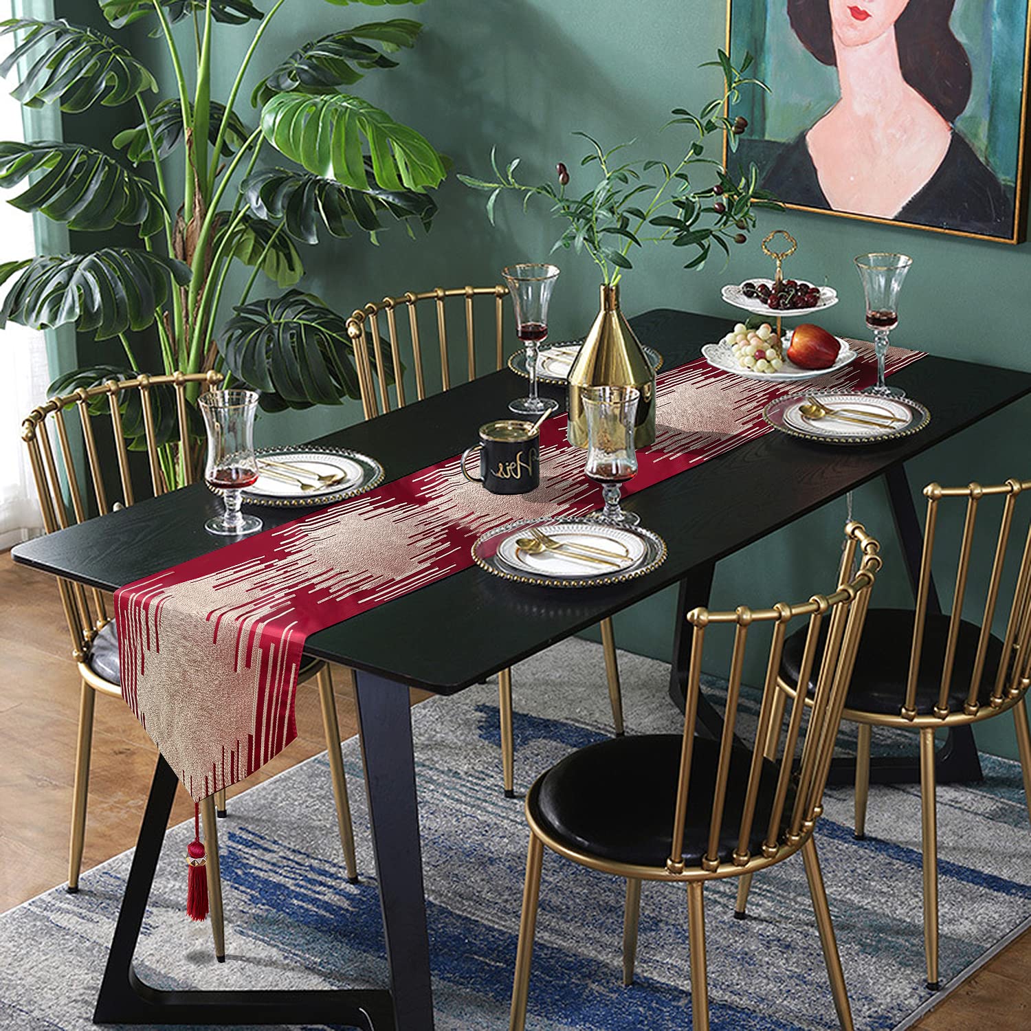 Glam Champagne Table Runner 13 x 98 Inches Long Double Layer Abstract Pattern with Luxury Tassel for Coffee Sofa Dresser Dining Table Fireplace Home Decor