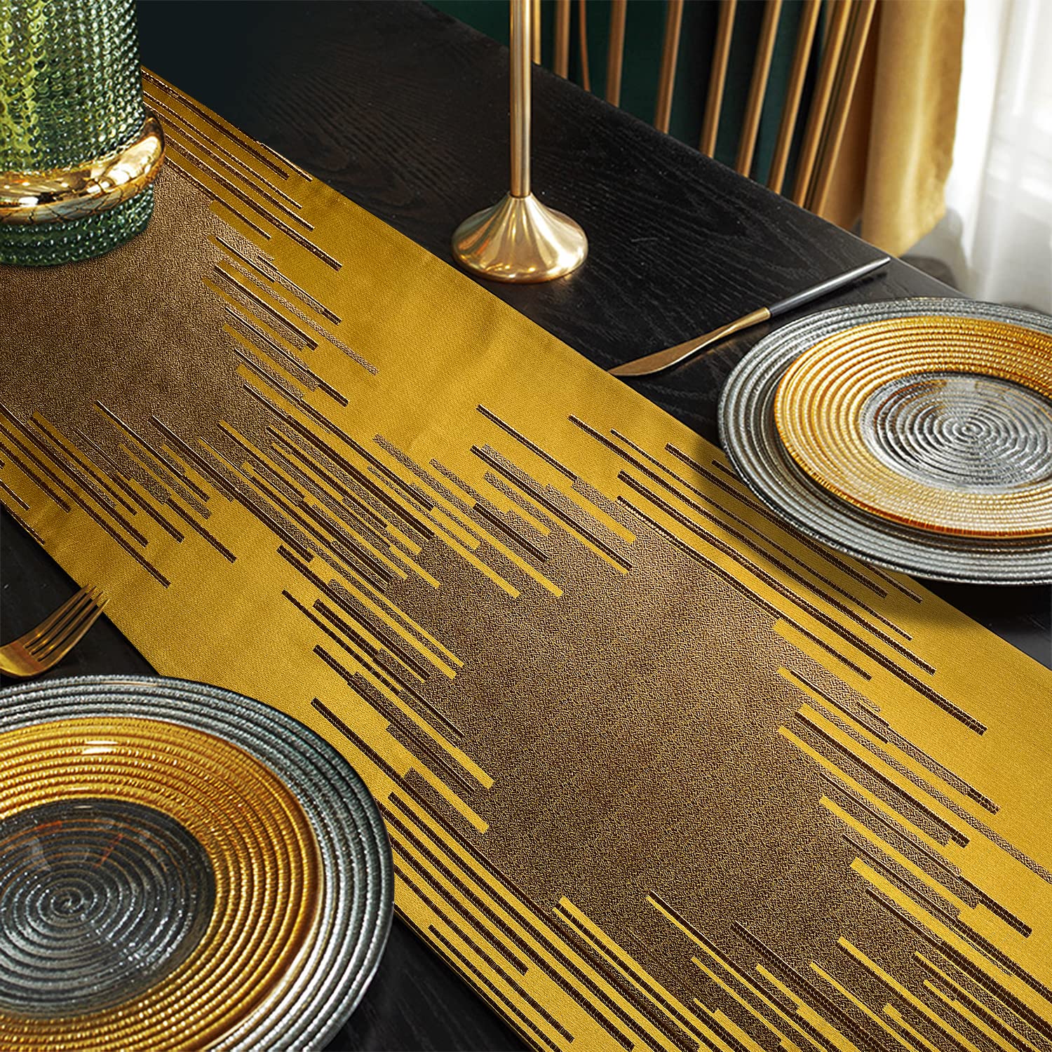 Glam Champagne Table Runner 13 x 98 Inches Long Double Layer Abstract Pattern with Luxury Tassel for Coffee Sofa Dresser Dining Table Fireplace Home Decor