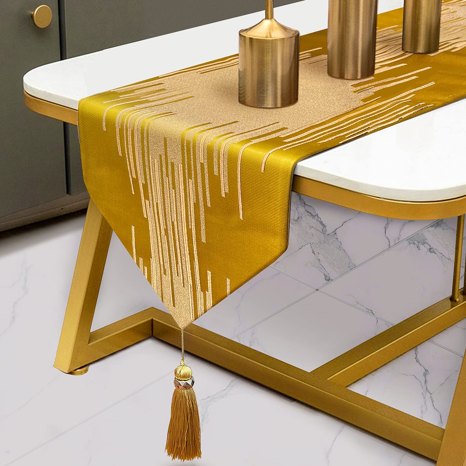 Glam Champagne Table Runner 13 x 98 Inches Long Double Layer Abstract Pattern with Luxury Tassel for Coffee Sofa Dresser Dining Table Fireplace Home Decor