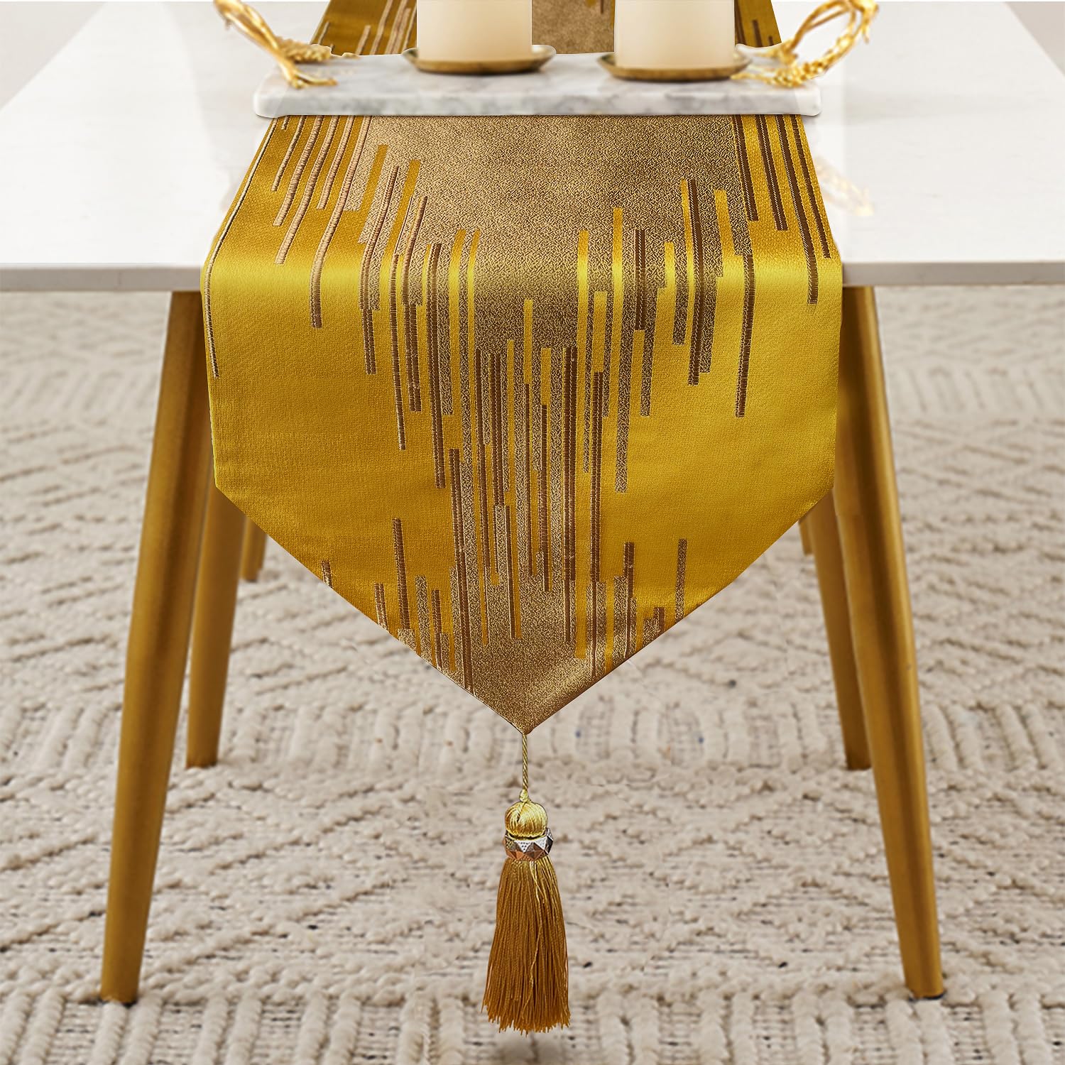 Glam Champagne Table Runner 13 x 98 Inches Long Double Layer Abstract Pattern with Luxury Tassel for Coffee Sofa Dresser Dining Table Fireplace Home Decor