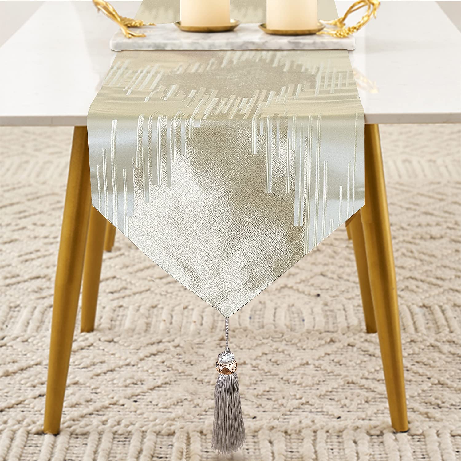 Glam Champagne Table Runner 13 x 98 Inches Long Double Layer Abstract Pattern with Luxury Tassel for Coffee Sofa Dresser Dining Table Fireplace Home Decor