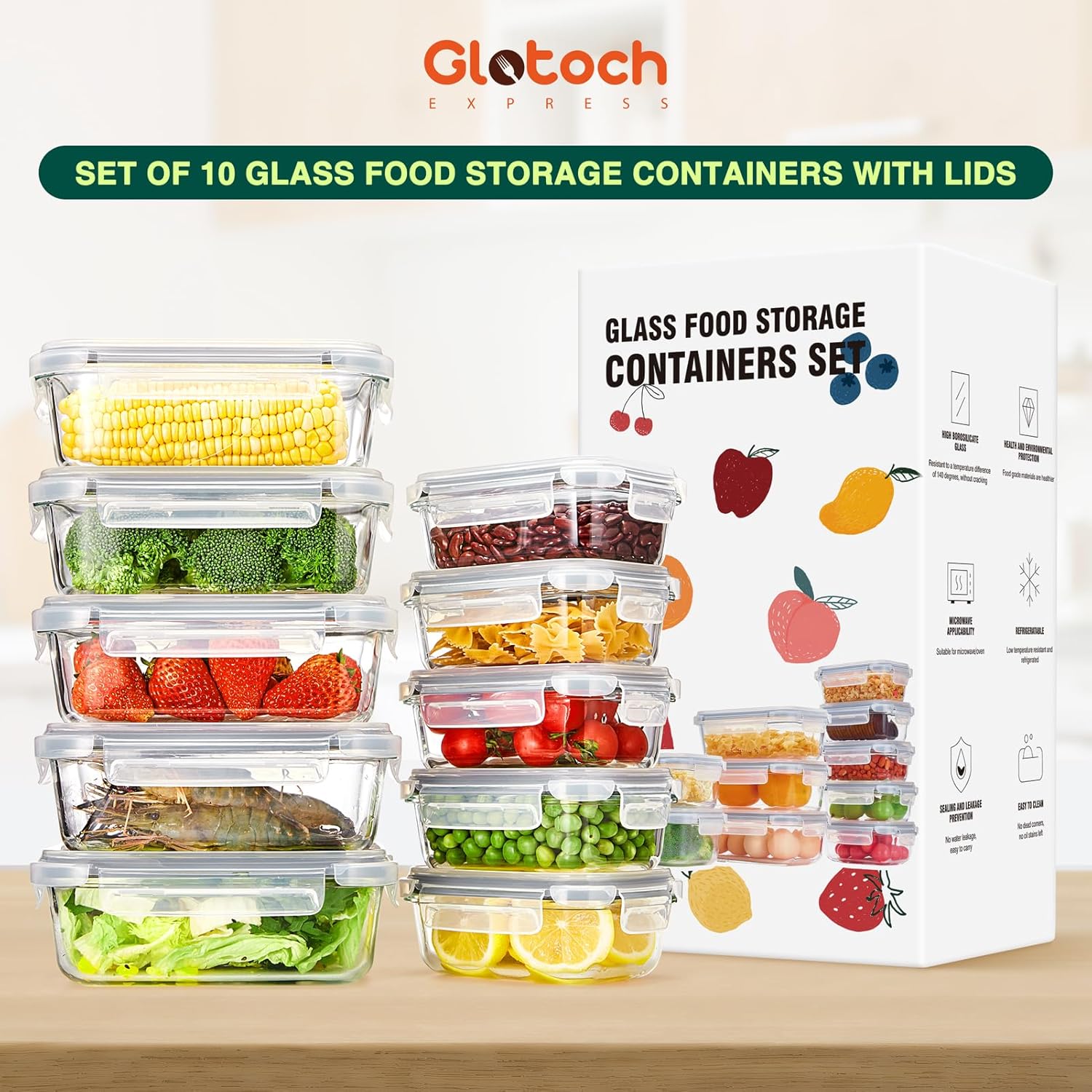 Glotoch 10 Pack Glass Food Storage Containers with Lids Reusable, Ultra Thick Borosilicate Glass Containers for Meal Prep/Lunch, Dishwasher/Microwave/Oven/Freezer Safe, Grey