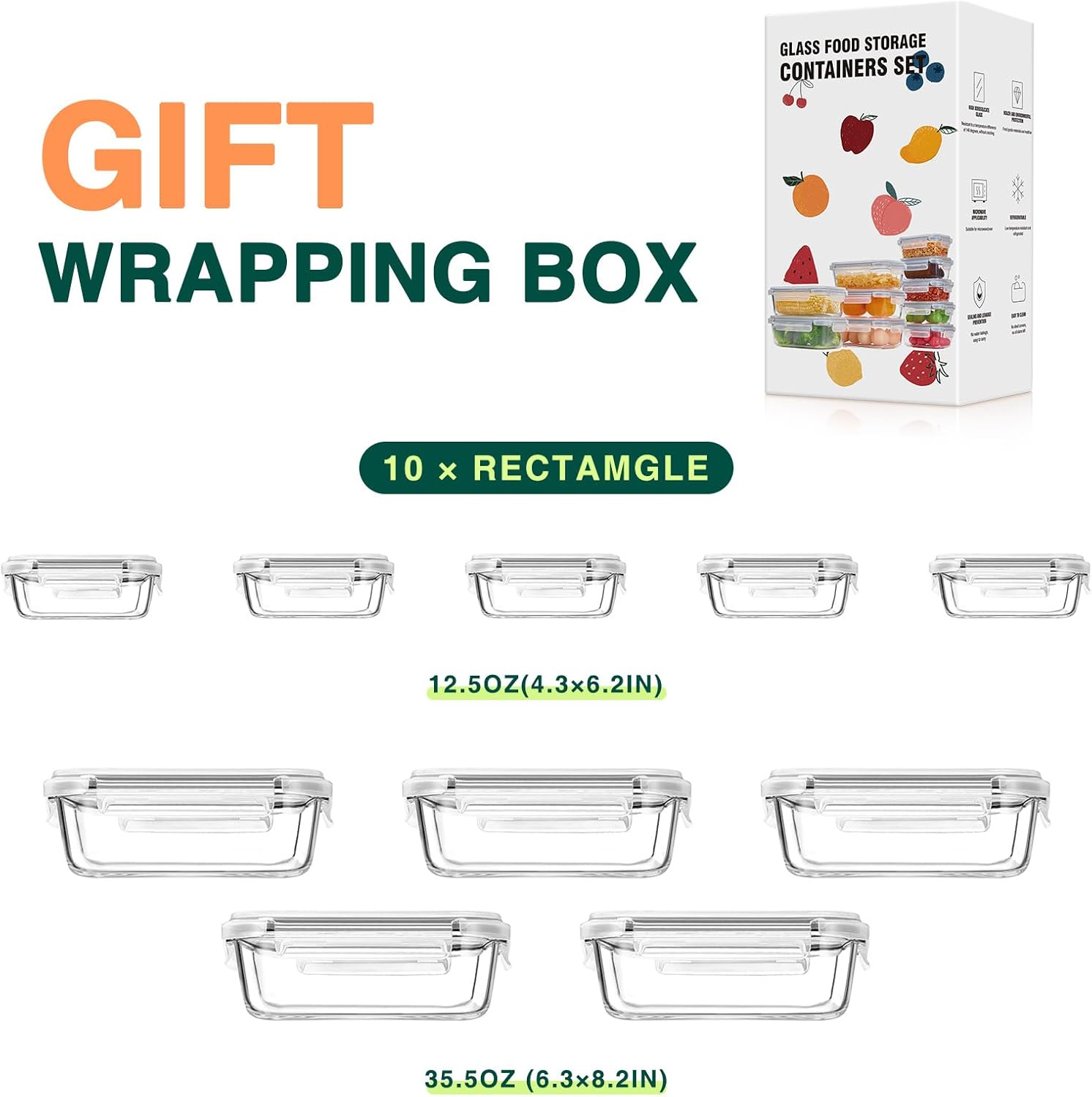 Glotoch 10 Pack Glass Food Storage Containers with Lids Reusable, Ultra Thick Borosilicate Glass Containers for Meal Prep/Lunch, Dishwasher/Microwave/Oven/Freezer Safe, Grey