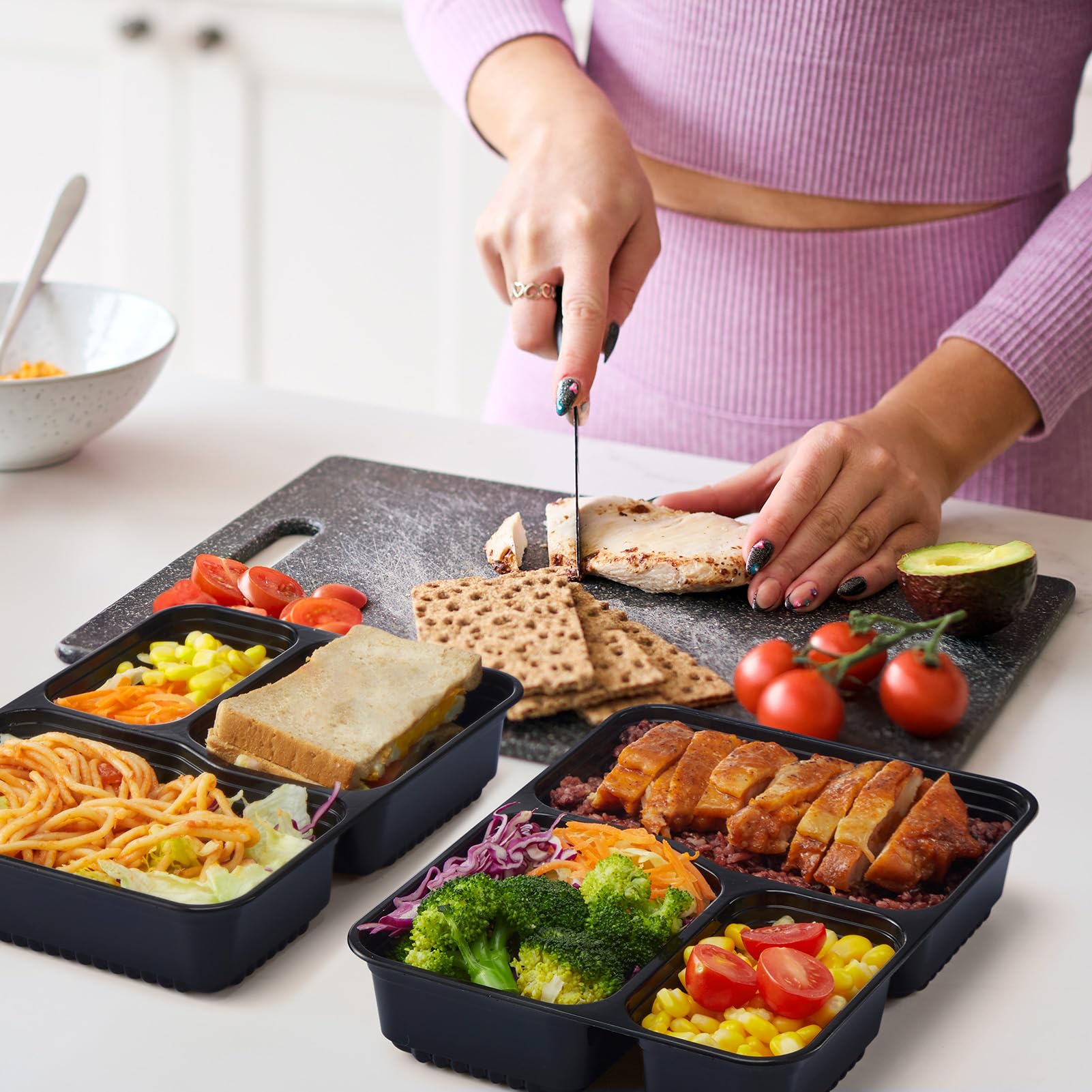 Glotoch 50 Pack (100-Piece) 34oz Meal Prep Containers Reusable with Lids 3-Compartment Containers Microwave, Freezer, Dishwasher Safe - Leakproof Durable To Go Take Out Plastic Food Storage