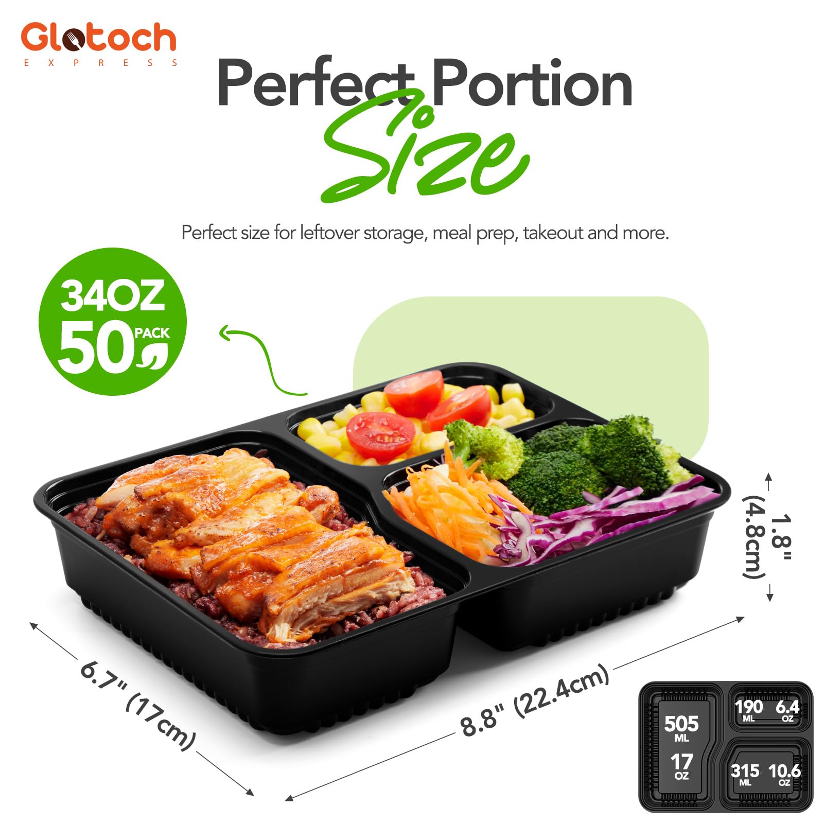Glotoch 50 Pack (100-Piece) 34oz Meal Prep Containers Reusable with Lids 3-Compartment Containers Microwave, Freezer, Dishwasher Safe - Leakproof Durable To Go Take Out Plastic Food Storage