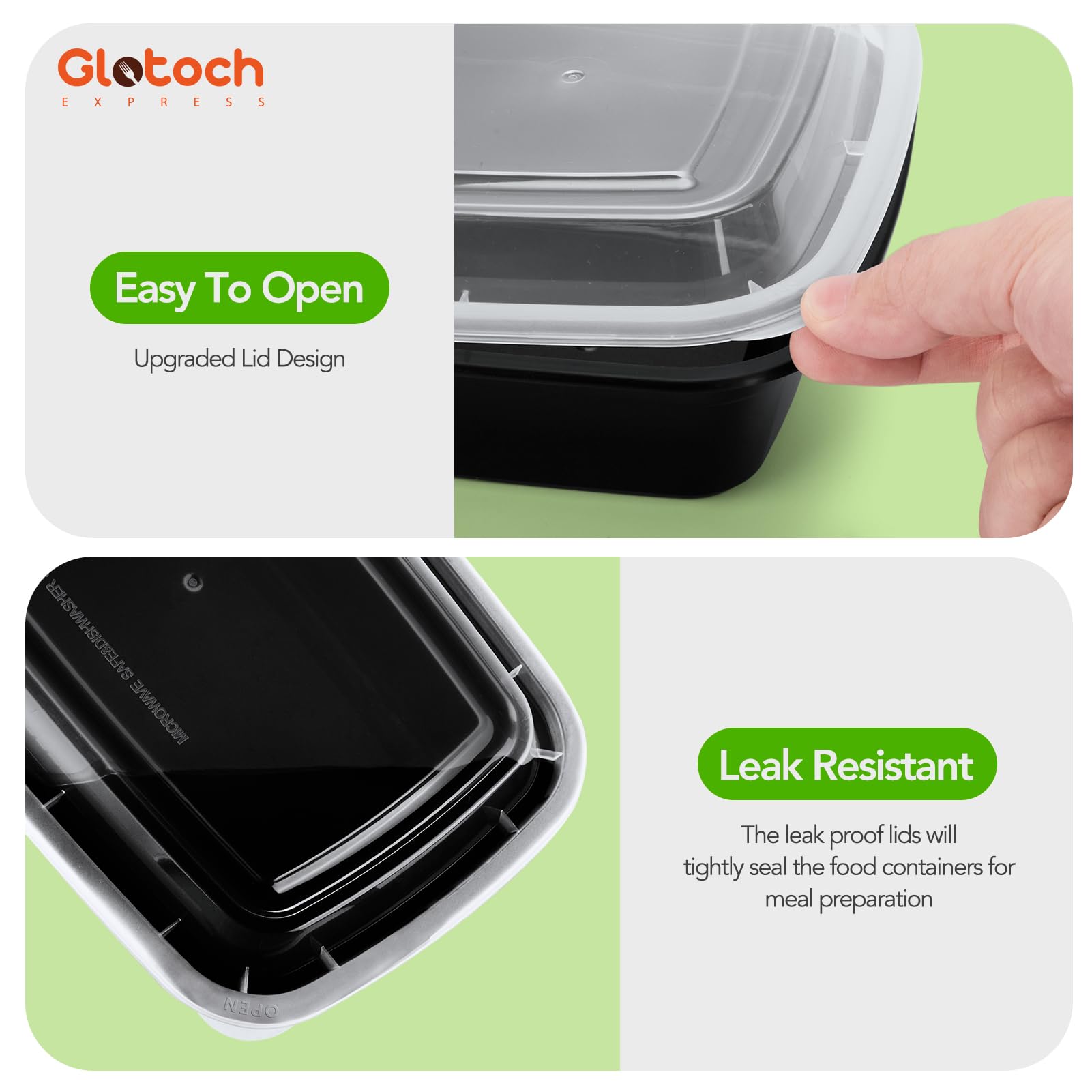 Glotoch 50 Pack (100-Piece) 34oz Meal Prep Containers Reusable with Lids 3-Compartment Containers Microwave, Freezer, Dishwasher Safe - Leakproof Durable To Go Take Out Plastic Food Storage