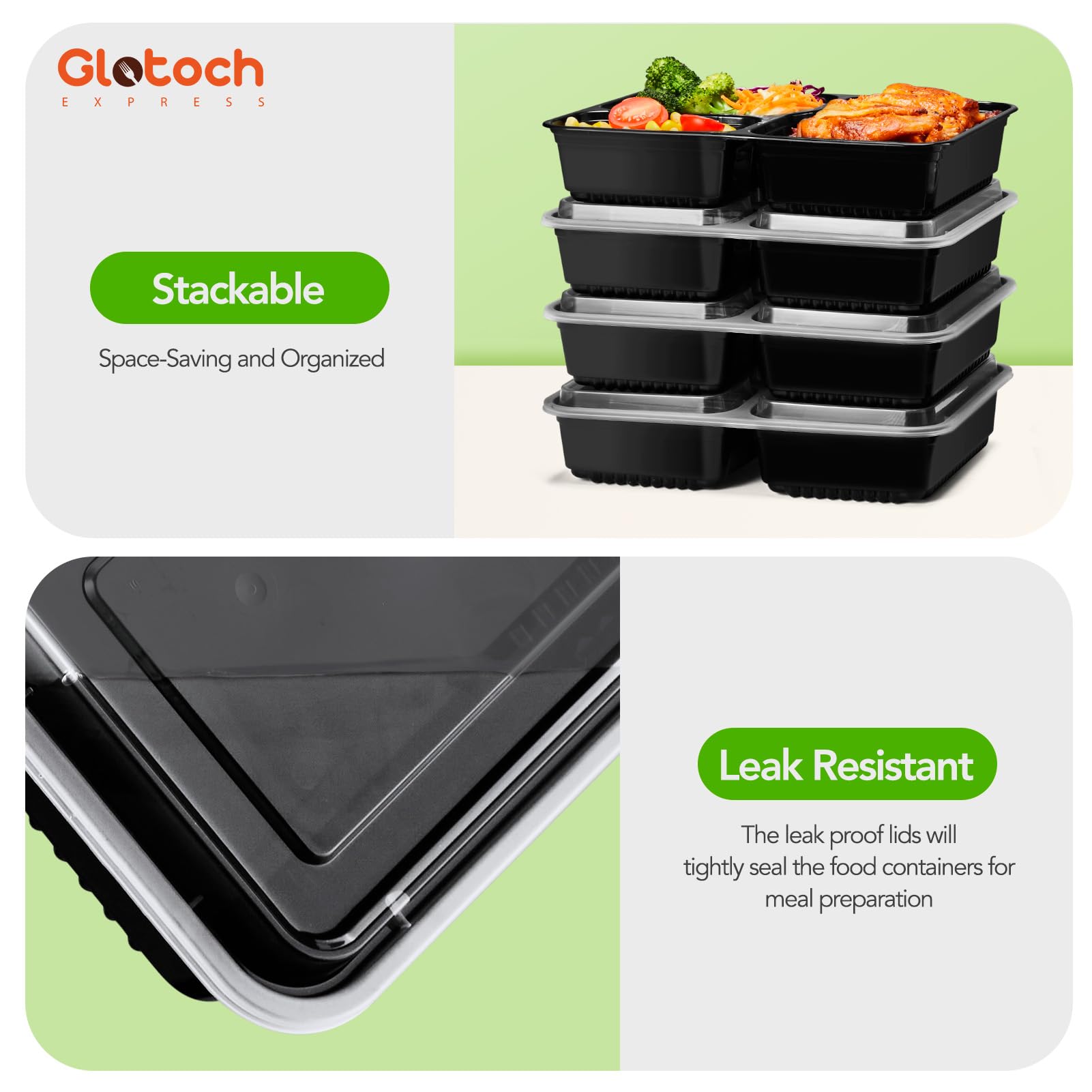 Glotoch 50 Pack (100-Piece) 34oz Meal Prep Containers Reusable with Lids 3-Compartment Containers Microwave, Freezer, Dishwasher Safe - Leakproof Durable To Go Take Out Plastic Food Storage