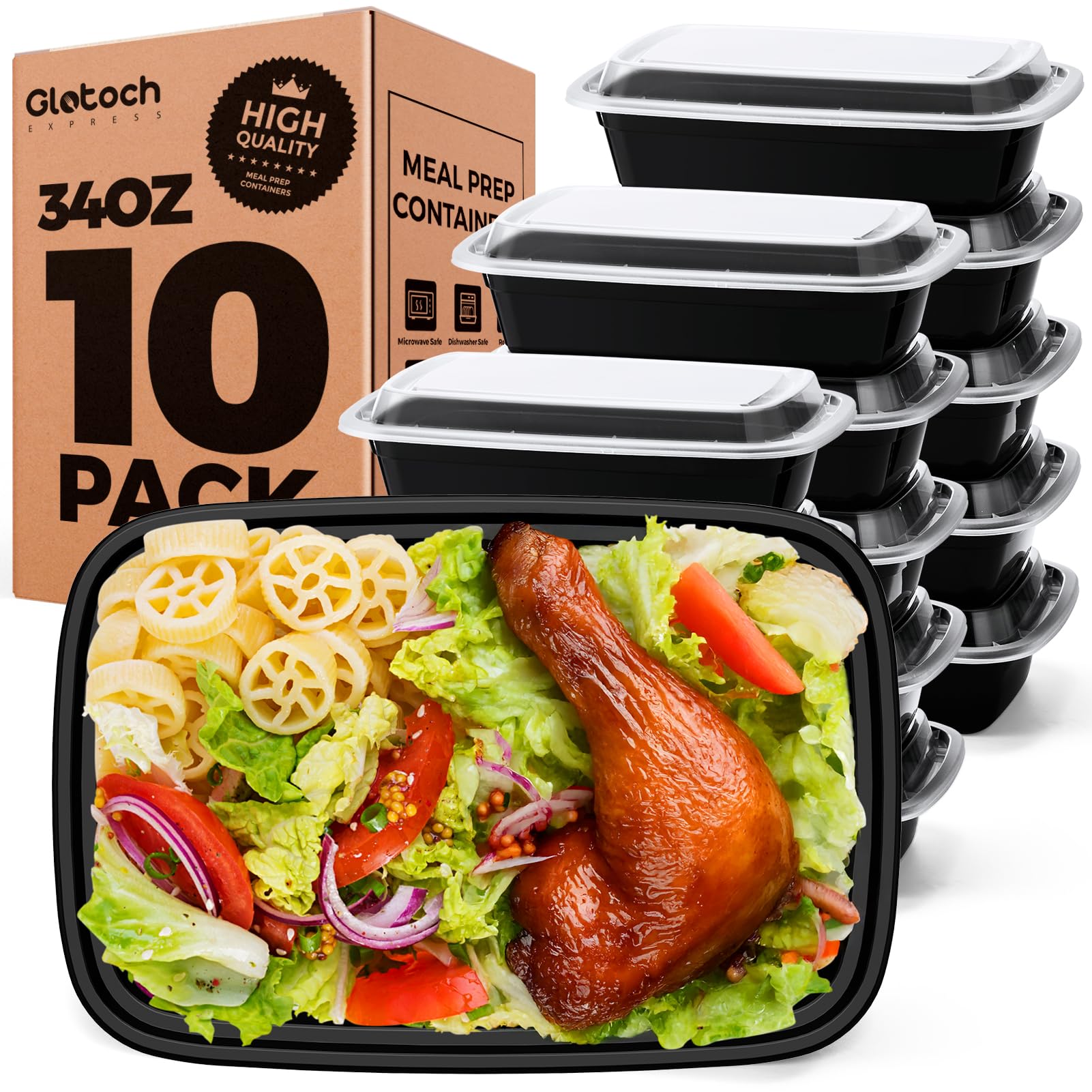 Glotoch 50 Pack (100-Piece) 34oz Meal Prep Containers Reusable with Lids 3-Compartment Containers Microwave, Freezer, Dishwasher Safe - Leakproof Durable To Go Take Out Plastic Food Storage