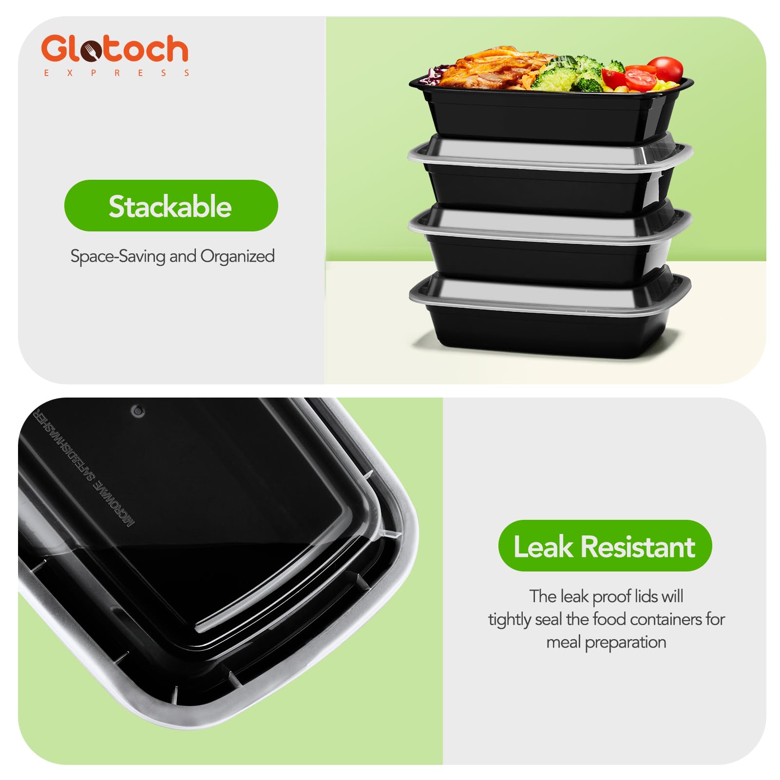 Glotoch 50 Pack (100-Piece) 34oz Meal Prep Containers Reusable with Lids 3-Compartment Containers Microwave, Freezer, Dishwasher Safe - Leakproof Durable To Go Take Out Plastic Food Storage