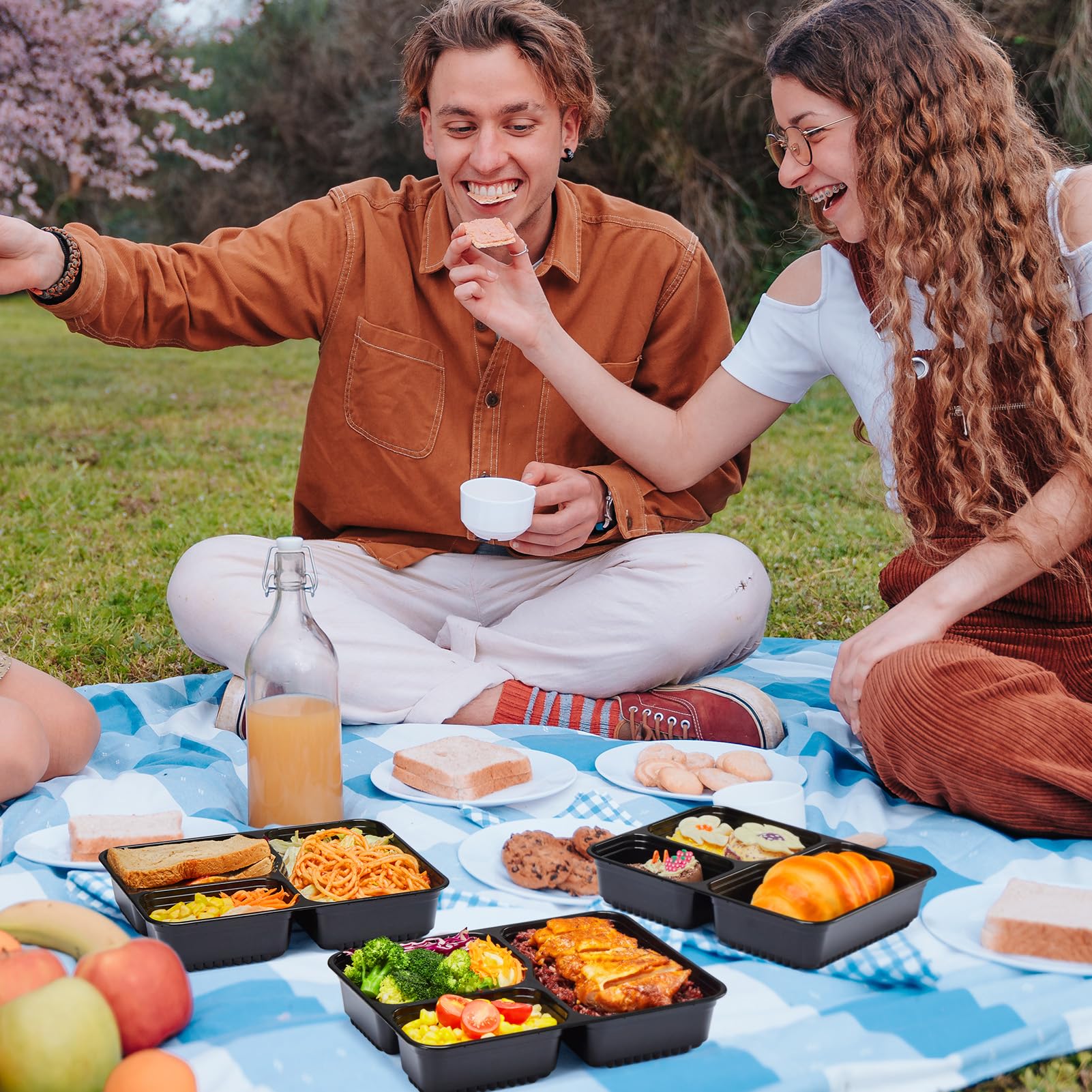 Glotoch 50 Pack (100-Piece) 34oz Meal Prep Containers Reusable with Lids 3-Compartment Containers Microwave, Freezer, Dishwasher Safe - Leakproof Durable To Go Take Out Plastic Food Storage