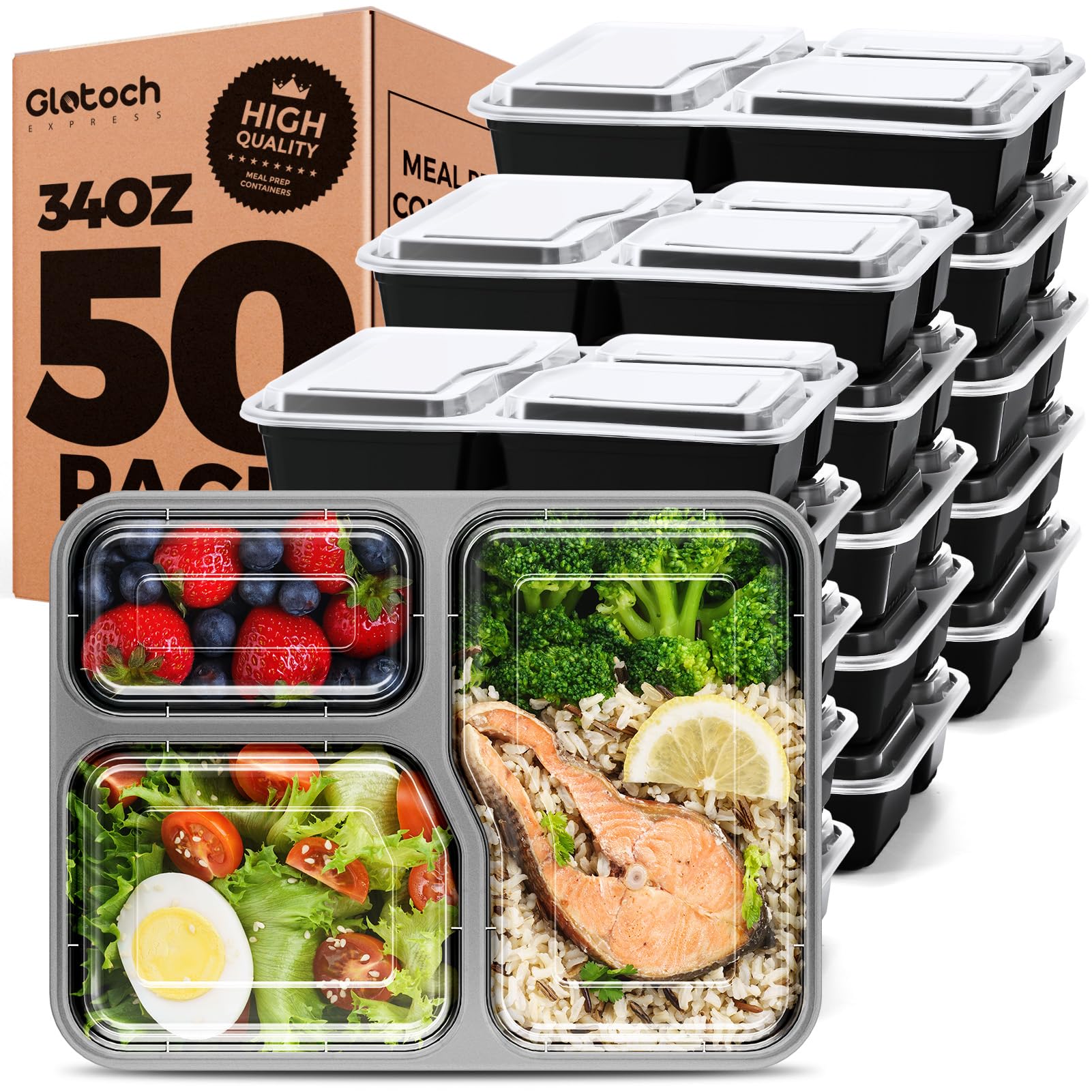 Glotoch 50 Pack (100-Piece) 34oz Meal Prep Containers Reusable with Lids 3-Compartment Containers Microwave, Freezer, Dishwasher Safe - Leakproof Durable To Go Take Out Plastic Food Storage