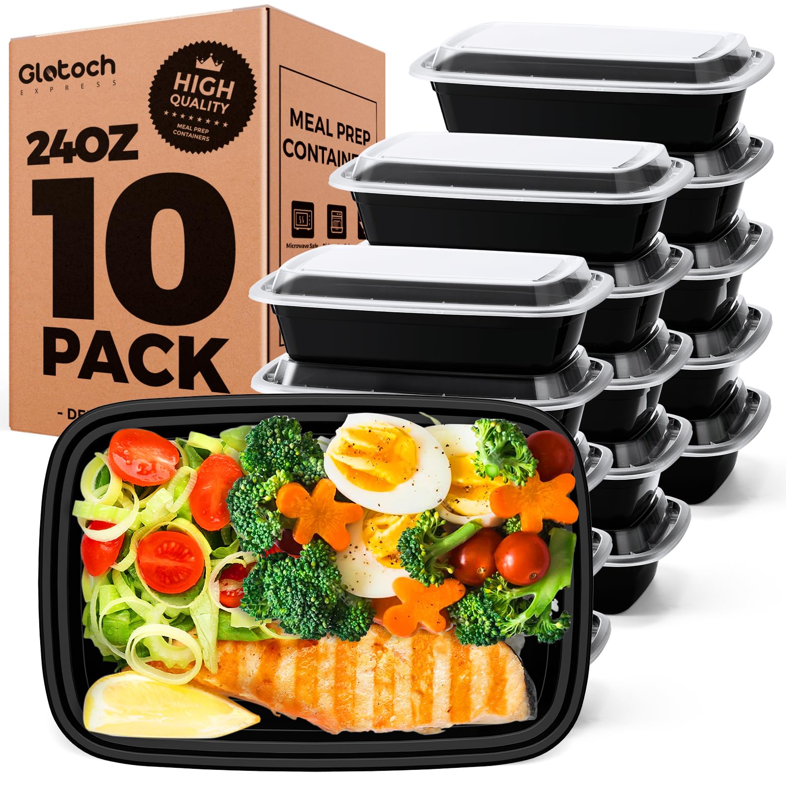 Glotoch 50 Pack (100-Piece) 34oz Meal Prep Containers Reusable with Lids 3-Compartment Containers Microwave, Freezer, Dishwasher Safe - Leakproof Durable To Go Take Out Plastic Food Storage