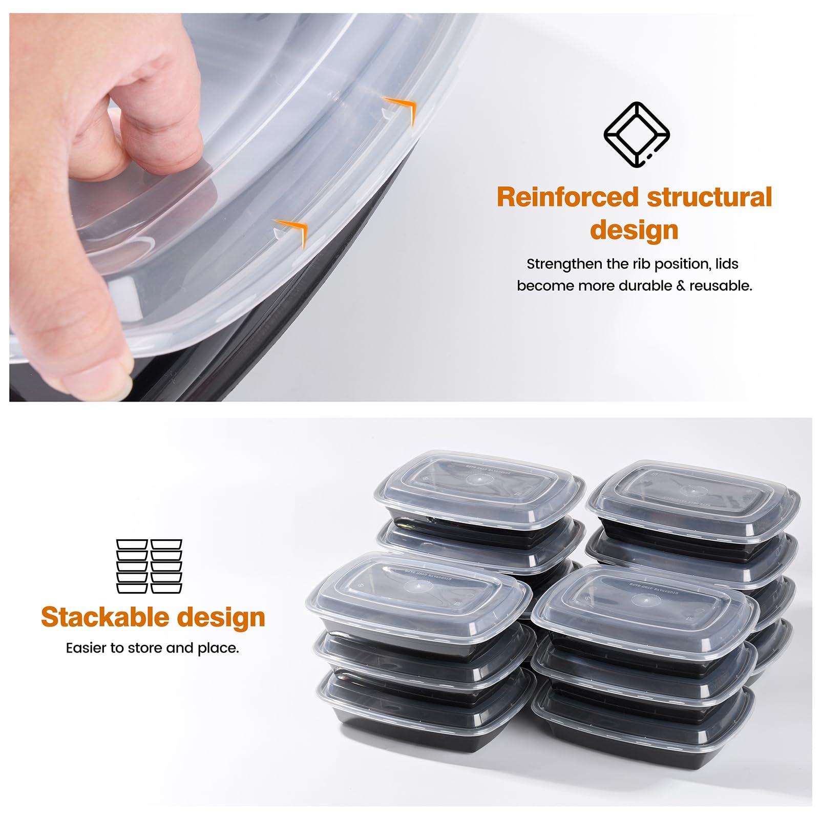 Glotoch 50 Pack 32 oz Meal Prep Containers Reusable, 2 Compartment Food Containers with Lids To Go Containers, Lunch-Microwave,Freezer,Dishwasher Safe