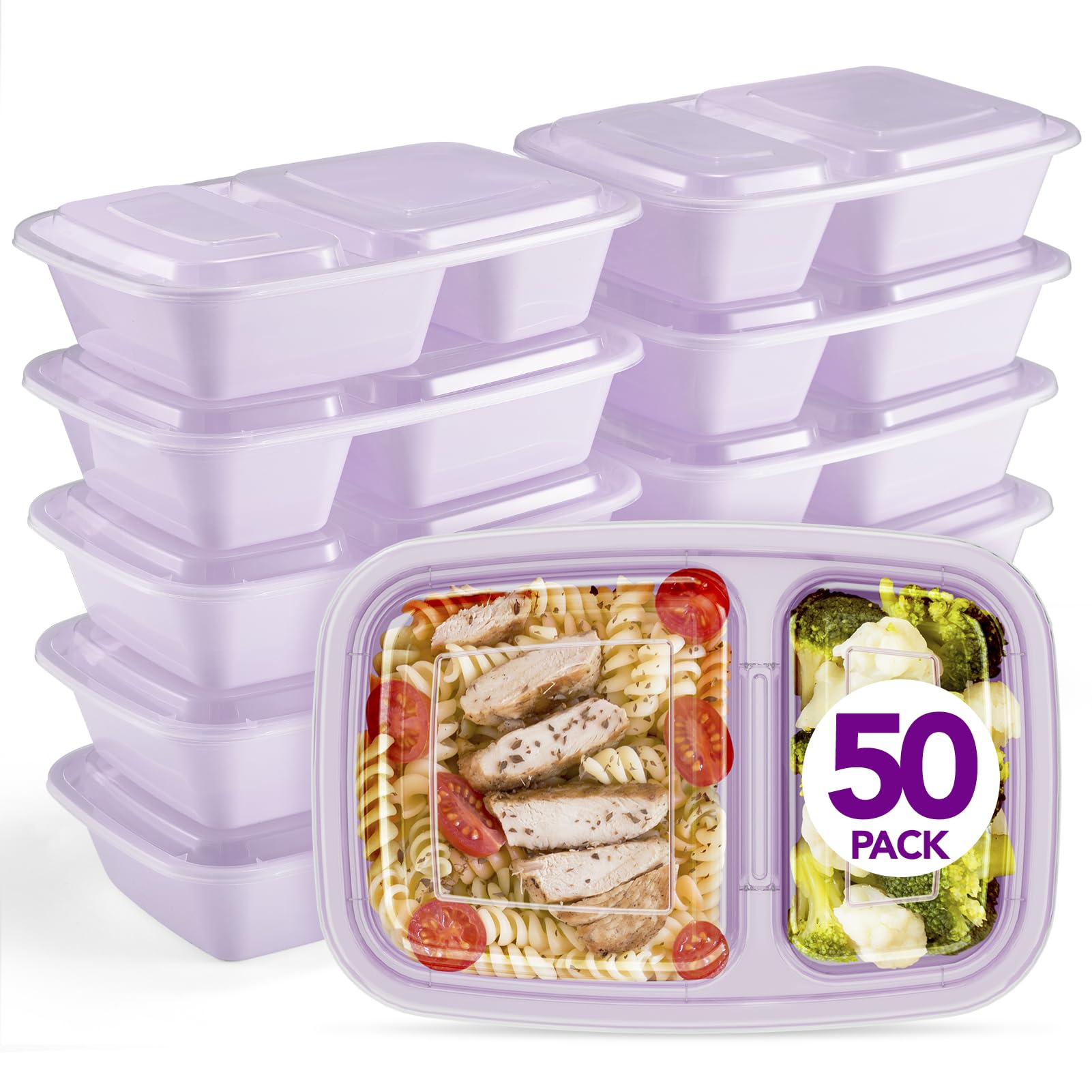 Glotoch 50 Pack 32 oz Meal Prep Containers Reusable, 2 Compartment Food Containers with Lids To Go Containers, Lunch-Microwave,Freezer,Dishwasher Safe