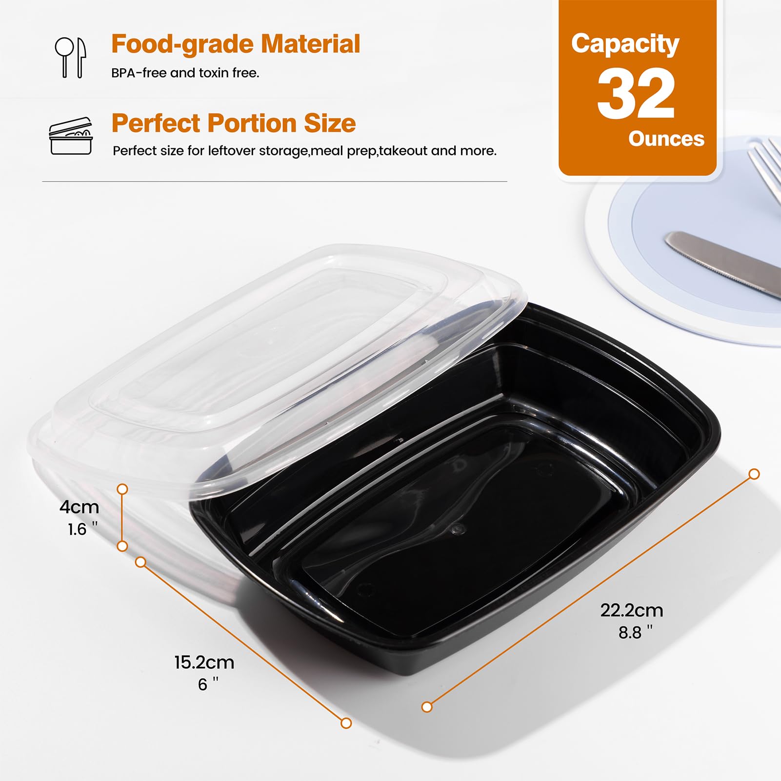 Glotoch 50 Pack 32 oz Meal Prep Containers Reusable, 2 Compartment Food Containers with Lids To Go Containers, Lunch-Microwave,Freezer,Dishwasher Safe