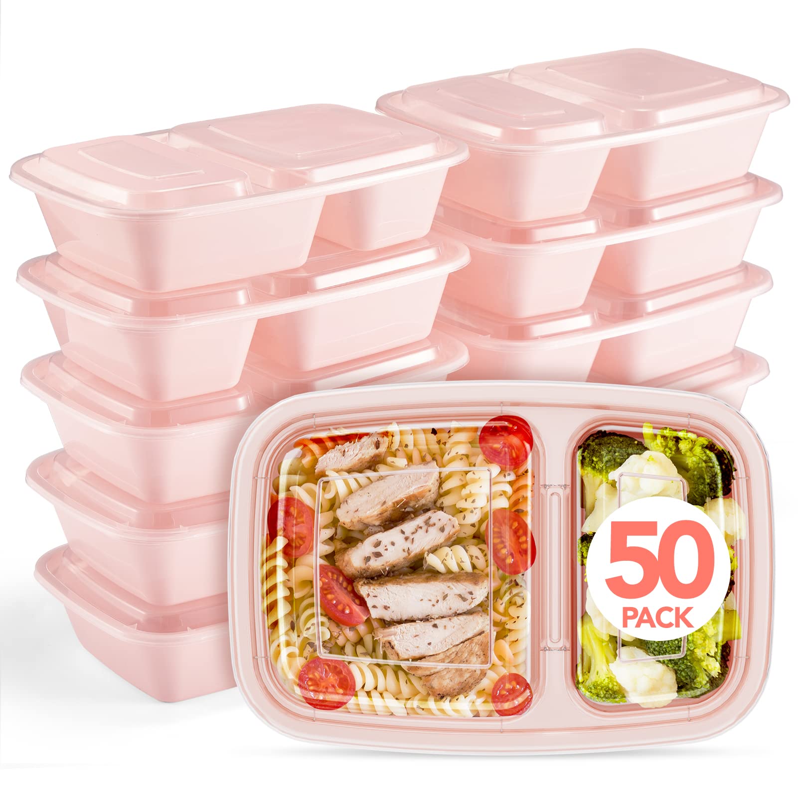 Glotoch 50 Pack 32 oz Meal Prep Containers Reusable, 2 Compartment Food Containers with Lids To Go Containers, Lunch-Microwave,Freezer,Dishwasher Safe