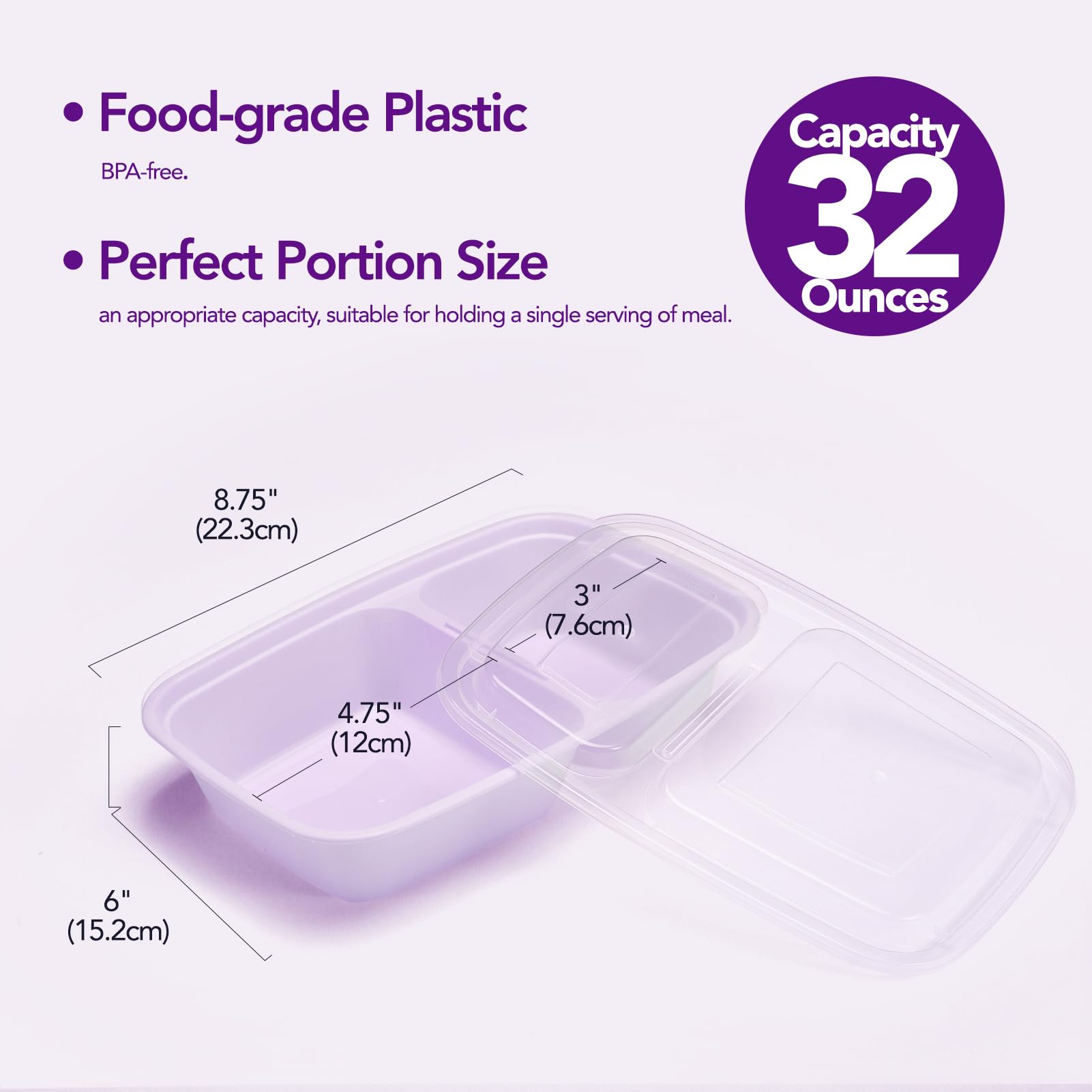 Glotoch 50 Pack 32 oz Meal Prep Containers Reusable, 2 Compartment Food Containers with Lids To Go Containers, Lunch-Microwave,Freezer,Dishwasher Safe