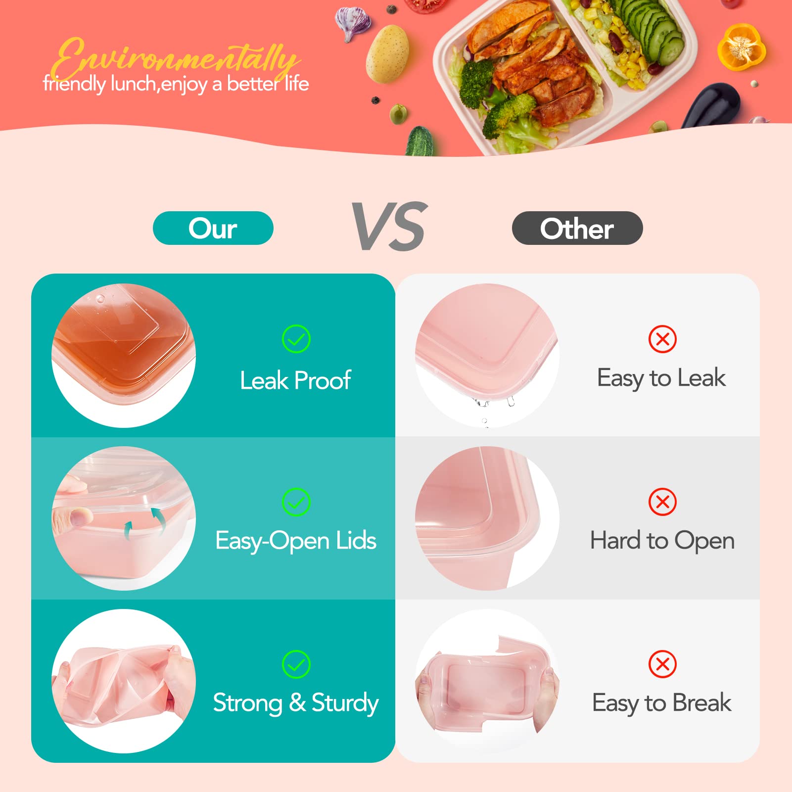 Glotoch 50 Pack 32 oz Meal Prep Containers Reusable, 2 Compartment Food Containers with Lids To Go Containers, Lunch-Microwave,Freezer,Dishwasher Safe