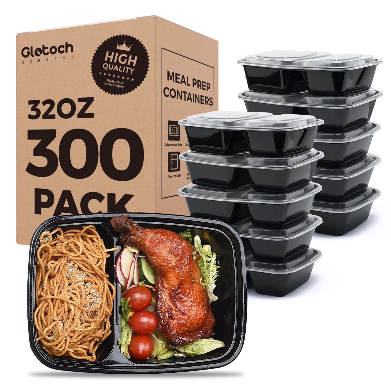 Glotoch 50 Pack 32 oz Meal Prep Containers Reusable, 2 Compartment Food Containers with Lids To Go Containers, Lunch-Microwave,Freezer,Dishwasher Safe