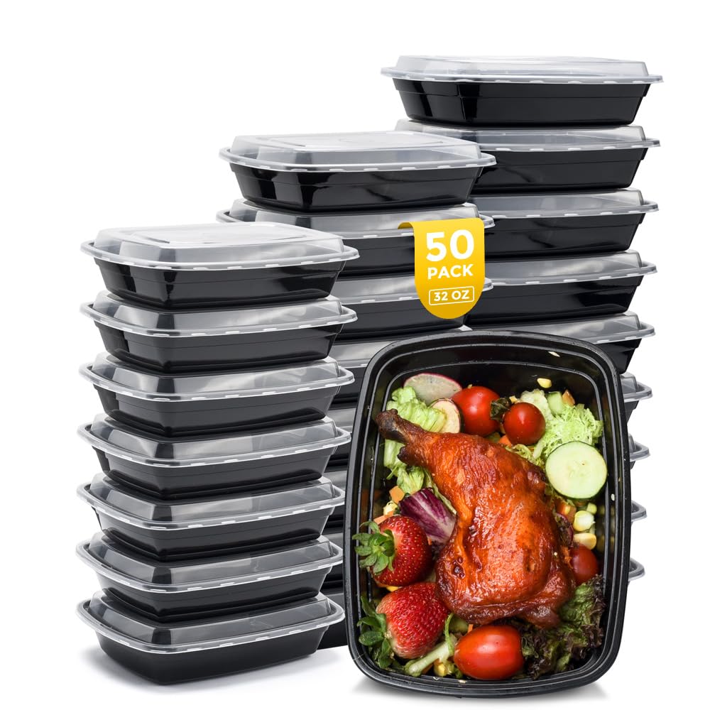 Glotoch 50 Pack 32 oz Meal Prep Containers Reusable, 2 Compartment Food Containers with Lids To Go Containers, Lunch-Microwave,Freezer,Dishwasher Safe
