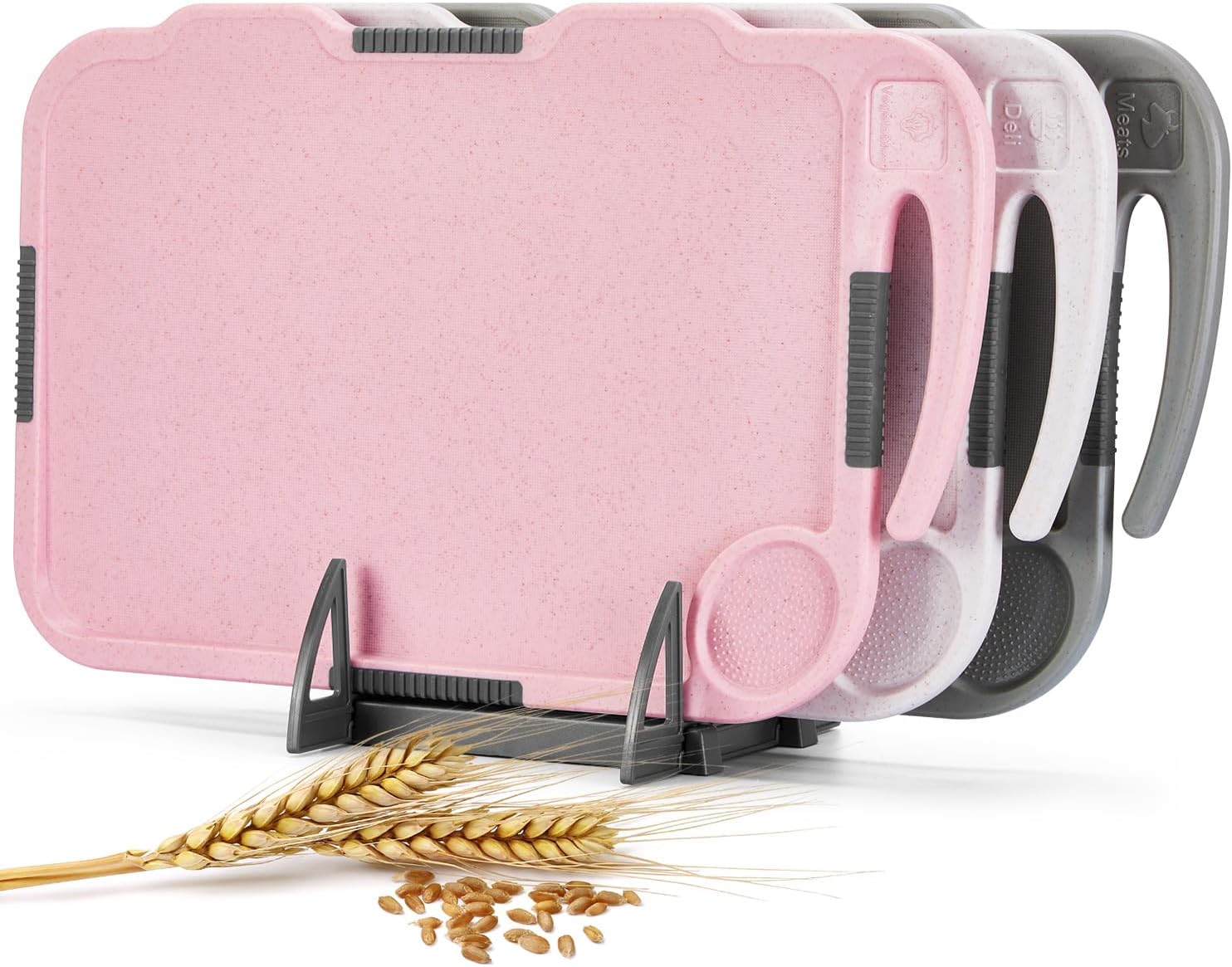 Glotoch Cutting Boards for Kitchen Set of 3, Wheat Straw Chopping Board Dishwasher Safe, BPA Free, Non Slip, 16"X10" Colored Reversible Cutting Board with Stand, Food Icons, Grinder Plate