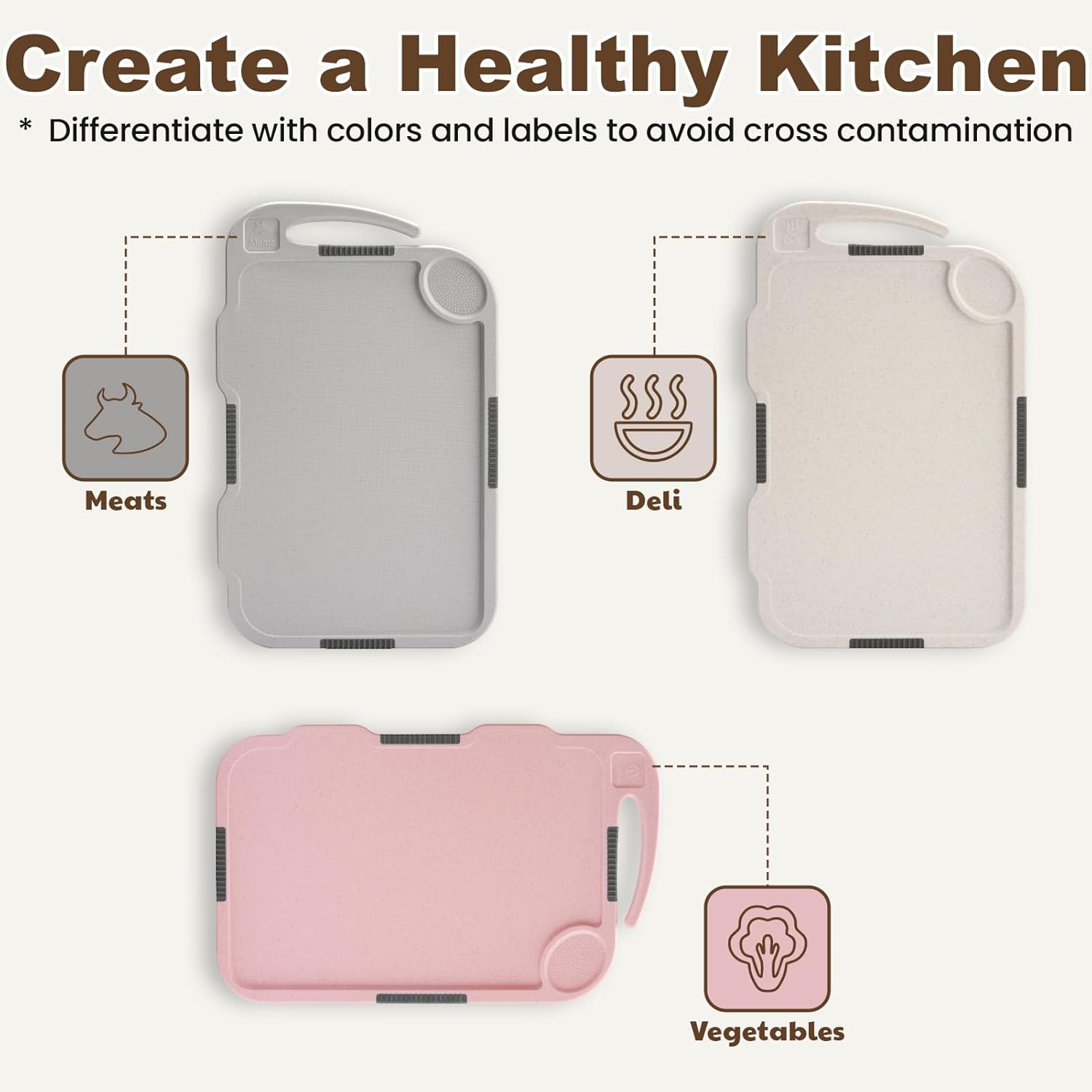 Glotoch Cutting Boards for Kitchen Set of 3, Wheat Straw Chopping Board Dishwasher Safe, BPA Free, Non Slip, 16"X10" Colored Reversible Cutting Board with Stand, Food Icons, Grinder Plate