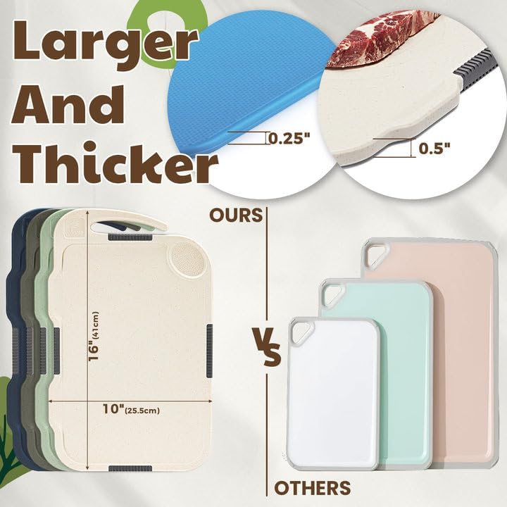 Glotoch Cutting Boards for Kitchen Set of 4, Wheat Straw Chopping Board Dishwasher Safe, BPA Free, Non Slip, 16"X10" Colored Reversible Cutting Board with Stand, Food Icons, Grinder Plate