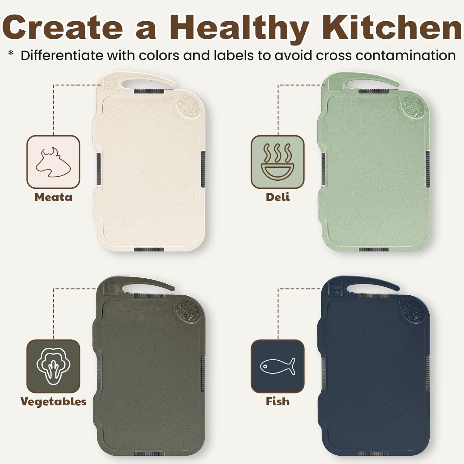 Glotoch Cutting Boards for Kitchen Set of 4, Wheat Straw Chopping Board Dishwasher Safe, BPA Free, Non Slip, 16"X10" Colored Reversible Cutting Board with Stand, Food Icons, Grinder Plate