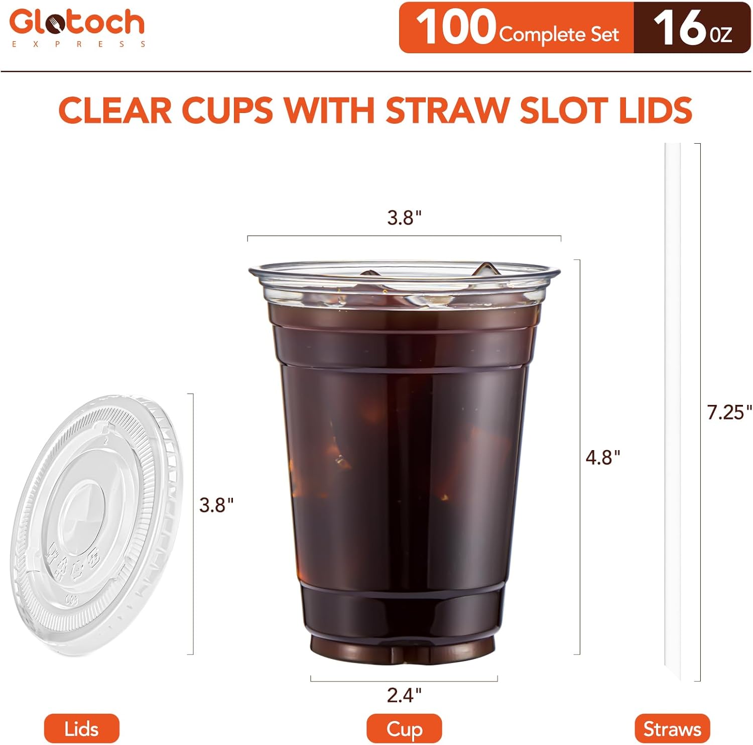 Glotoch Express 16oz 100 Sets Plastic Iced Coffee Cups with Lids and Straws & 500 pcs Individually Wrapped Clear Plastic Straws