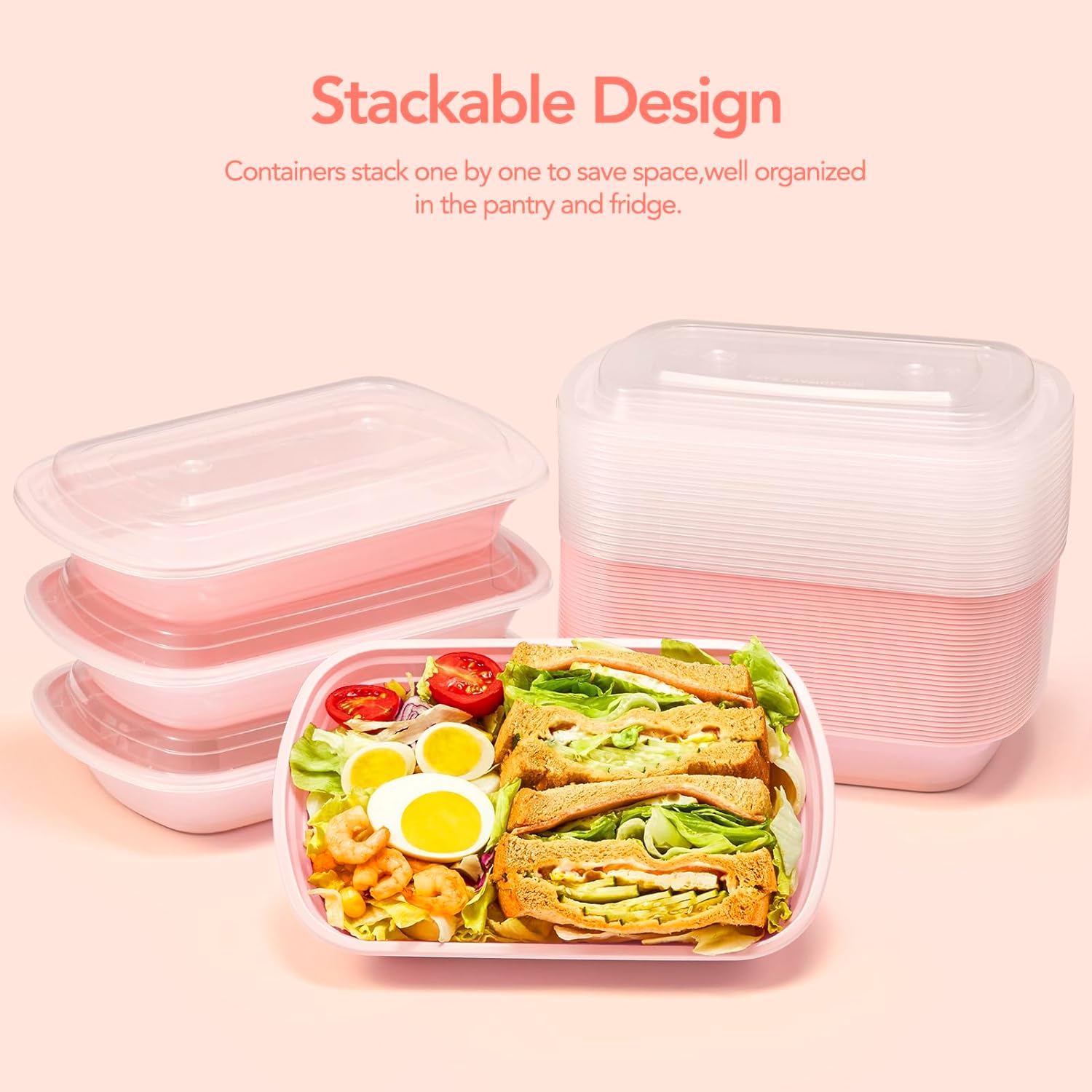 Glotoch Express 50 Pack Pink Meal Prep Containers, 32oz to Go Containers for Food, Disposable Plastic Food Containers with Lids for Microwave Dishwasher Freezer Safe, Pink