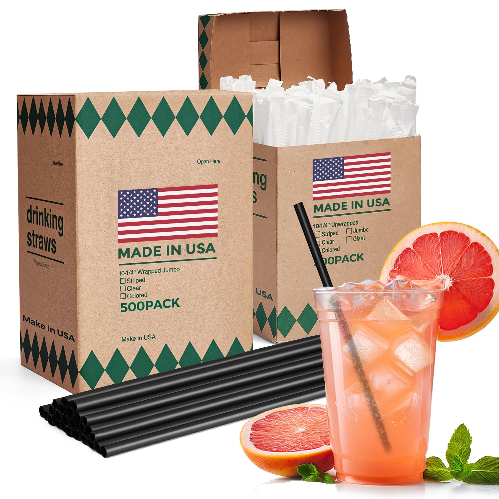 Glotoch Express 500 PCS Individually Wrapped Black Plastic Straws, 7.75'' Long, 0.24'' Diameter Disposable Drinking Straws for Every Occasion, Party, Made in USA