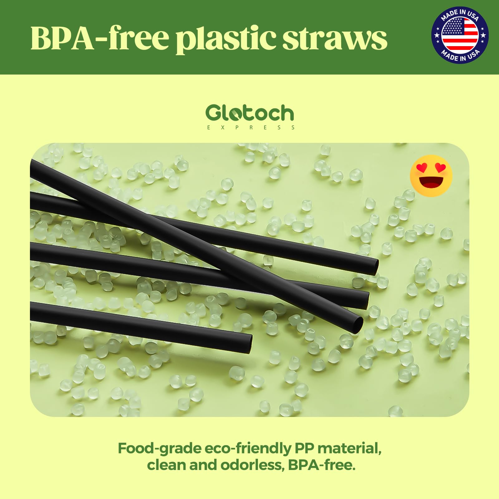 Glotoch Express 500 PCS Individually Wrapped Black Plastic Straws, 7.75'' Long, 0.24'' Diameter Disposable Drinking Straws for Every Occasion, Party, Made in USA