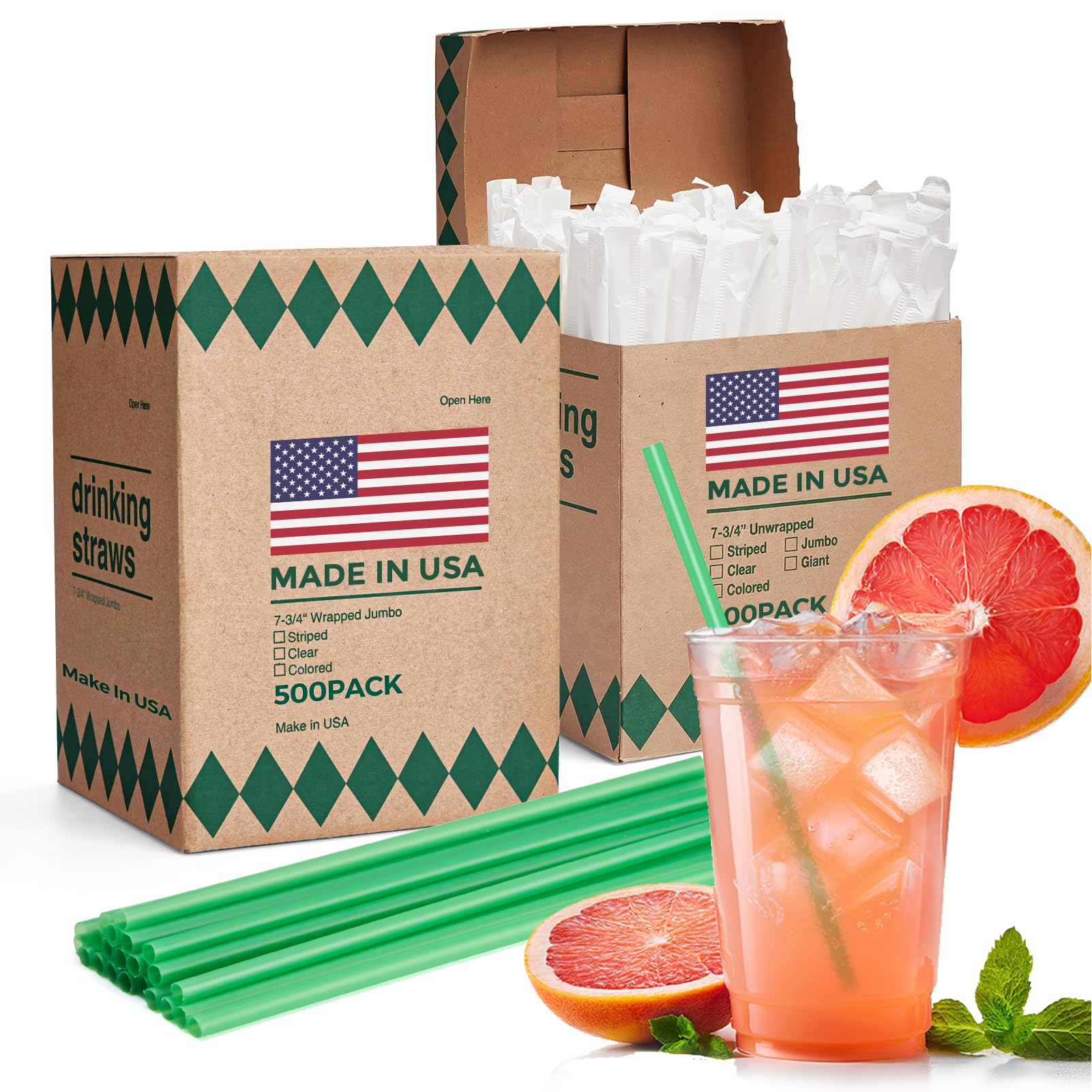 Glotoch Express 500 PCS Individually Wrapped Black Plastic Straws, 7.75'' Long, 0.24'' Diameter Disposable Drinking Straws for Every Occasion, Party, Made in USA