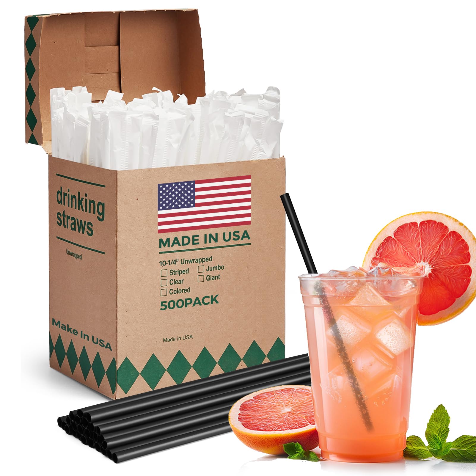 Glotoch Express 500 PCS Individually Wrapped Black Plastic Straws, 7.75'' Long, 0.24'' Diameter Disposable Drinking Straws for Every Occasion, Party, Made in USA