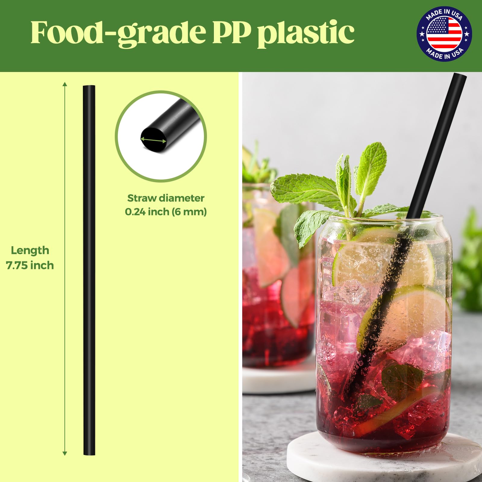 Glotoch Express 500 PCS Individually Wrapped Black Plastic Straws, 7.75'' Long, 0.24'' Diameter Disposable Drinking Straws for Every Occasion, Party, Made in USA