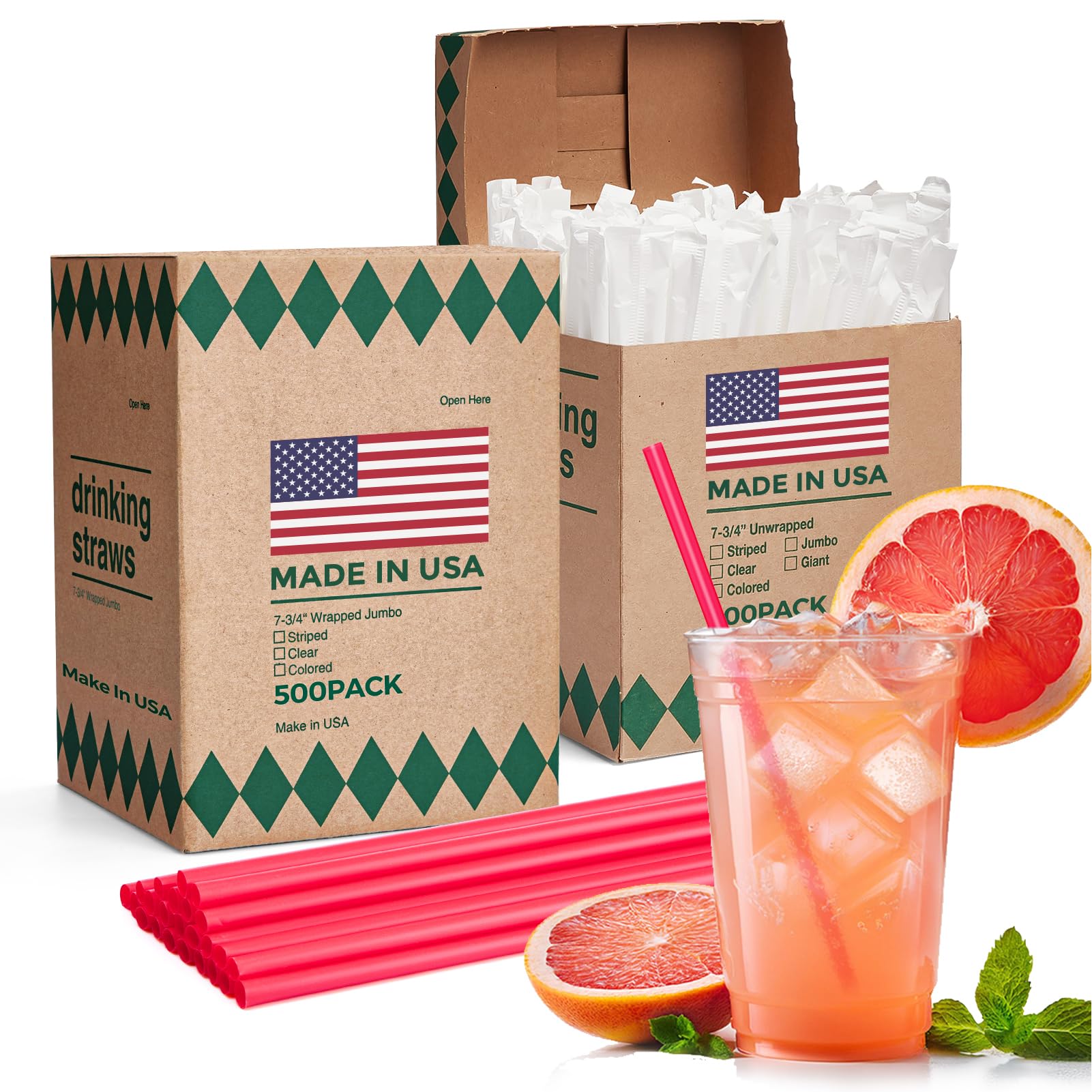 Glotoch Express 500PCS Individually Wrapped Clear Plastic Straws, 7.75'' Long, 0.24'' Diameter Disposable Drinking Straws for Every Occasion, Party, Made in USA