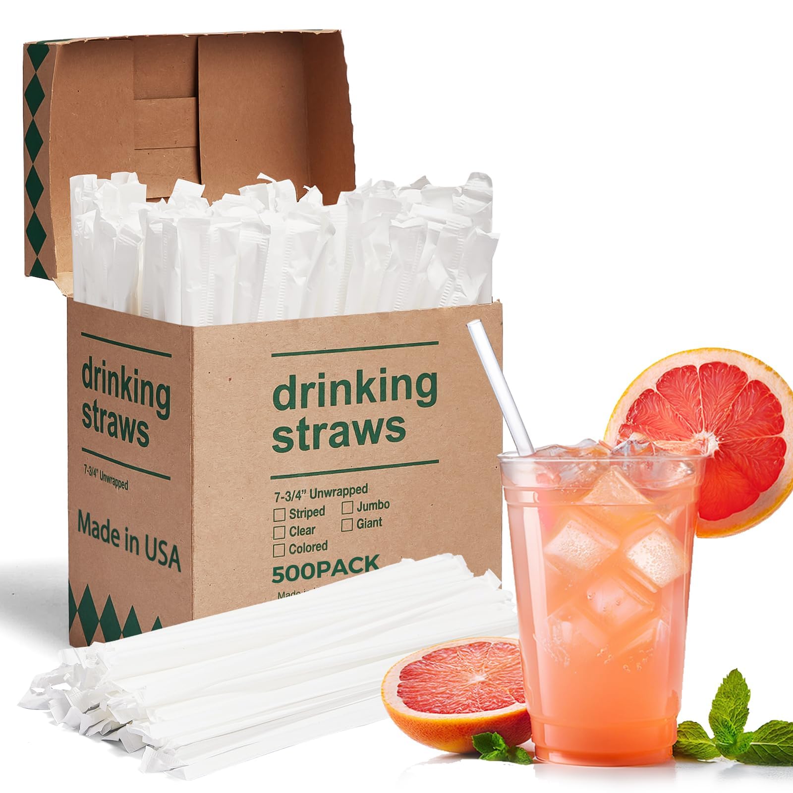 Glotoch Express 500PCS Individually Wrapped Clear Plastic Straws, 7.75'' Long, 0.24'' Diameter Disposable Drinking Straws for Every Occasion, Party, Made in USA